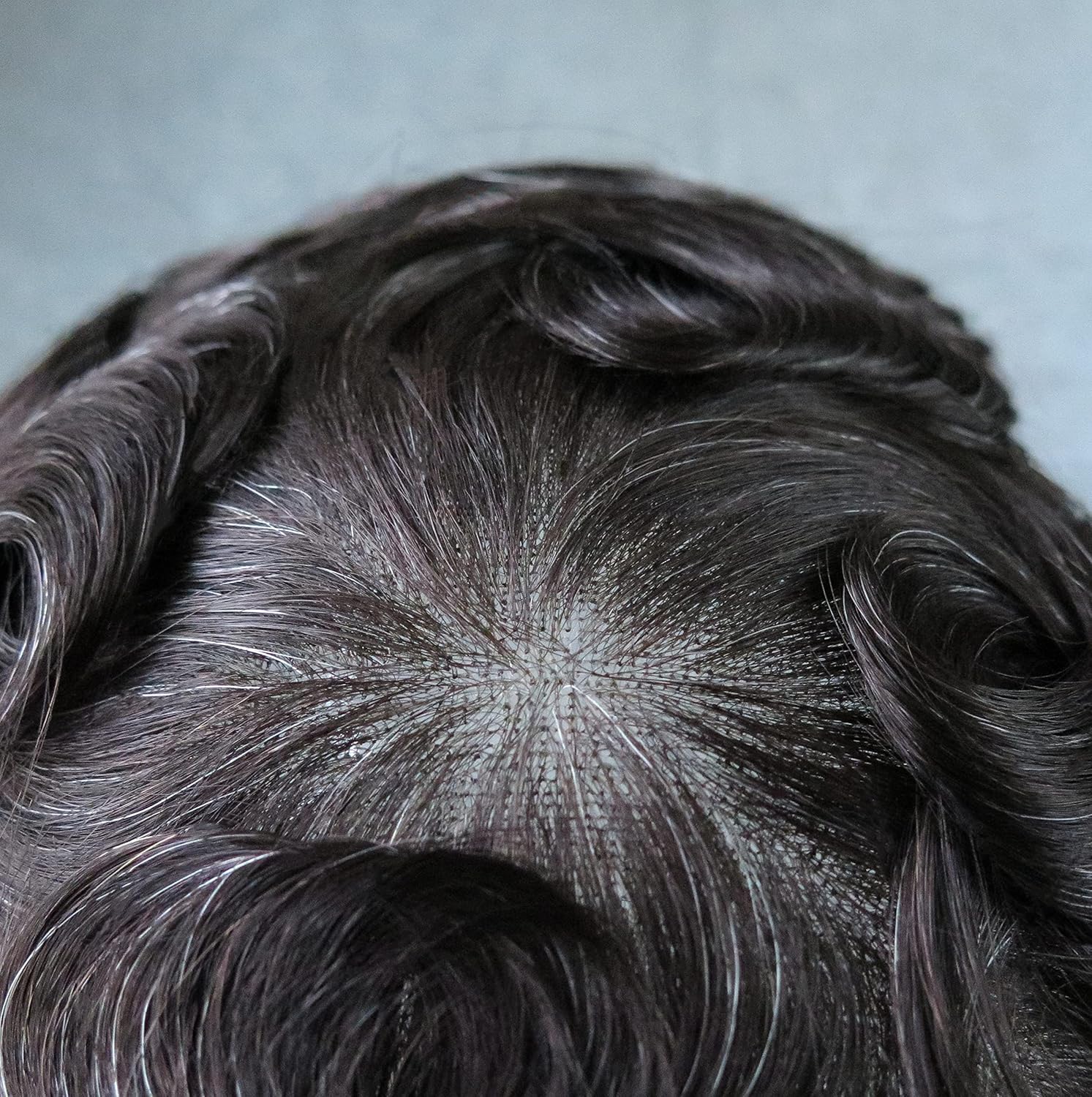 HAIR NATURE Mens Toupee Human Hair with Synthetic Grey, Swiss Lace Hair Systems, Natural Hairline 90% Density Hair Pieces 8"x10" #1B20