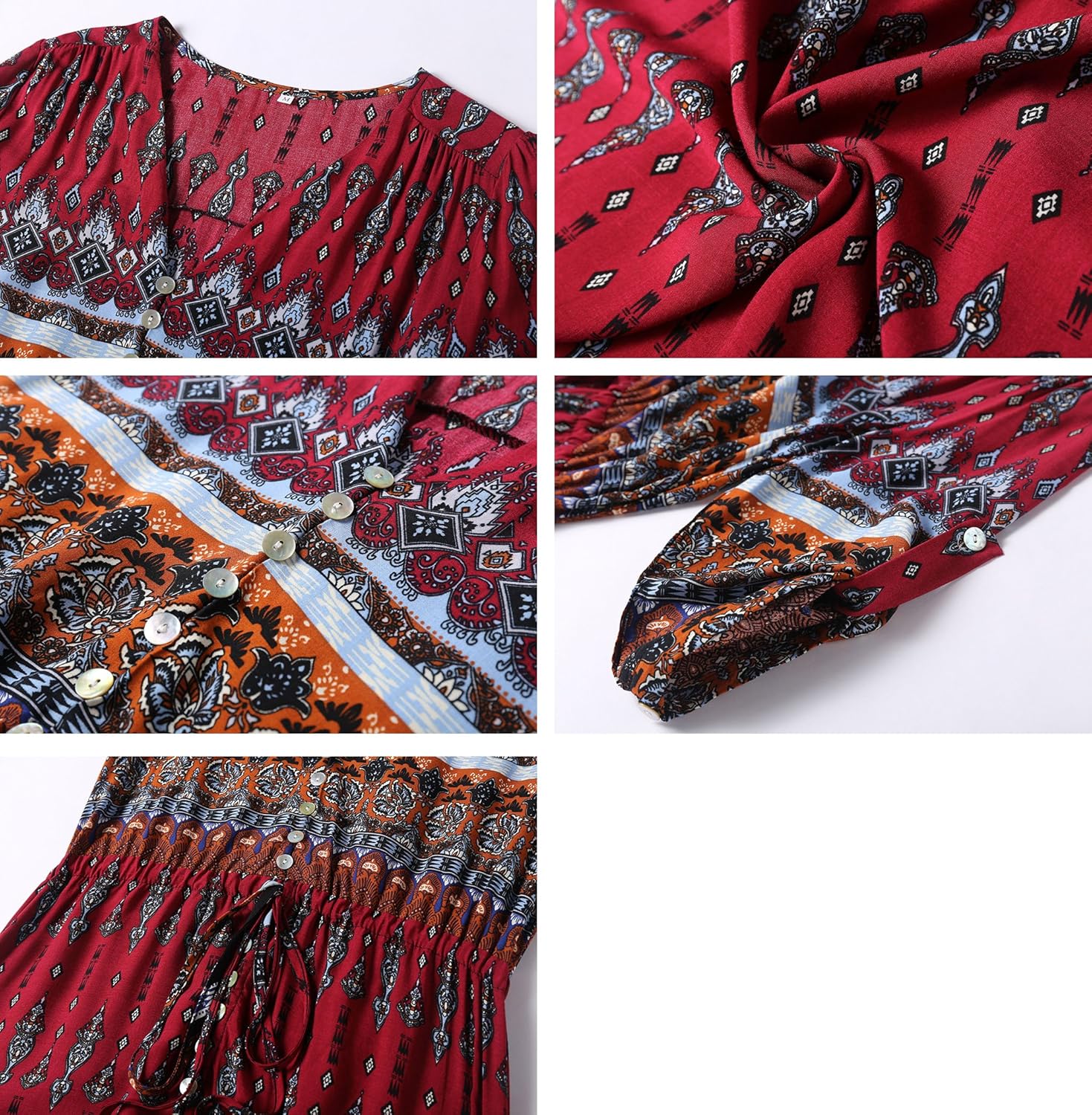 R.Vivimos Women's Summer Boho Button Up V Neck Floral Print Roll Up Causal Split Beach Midi Dresses - Image 7