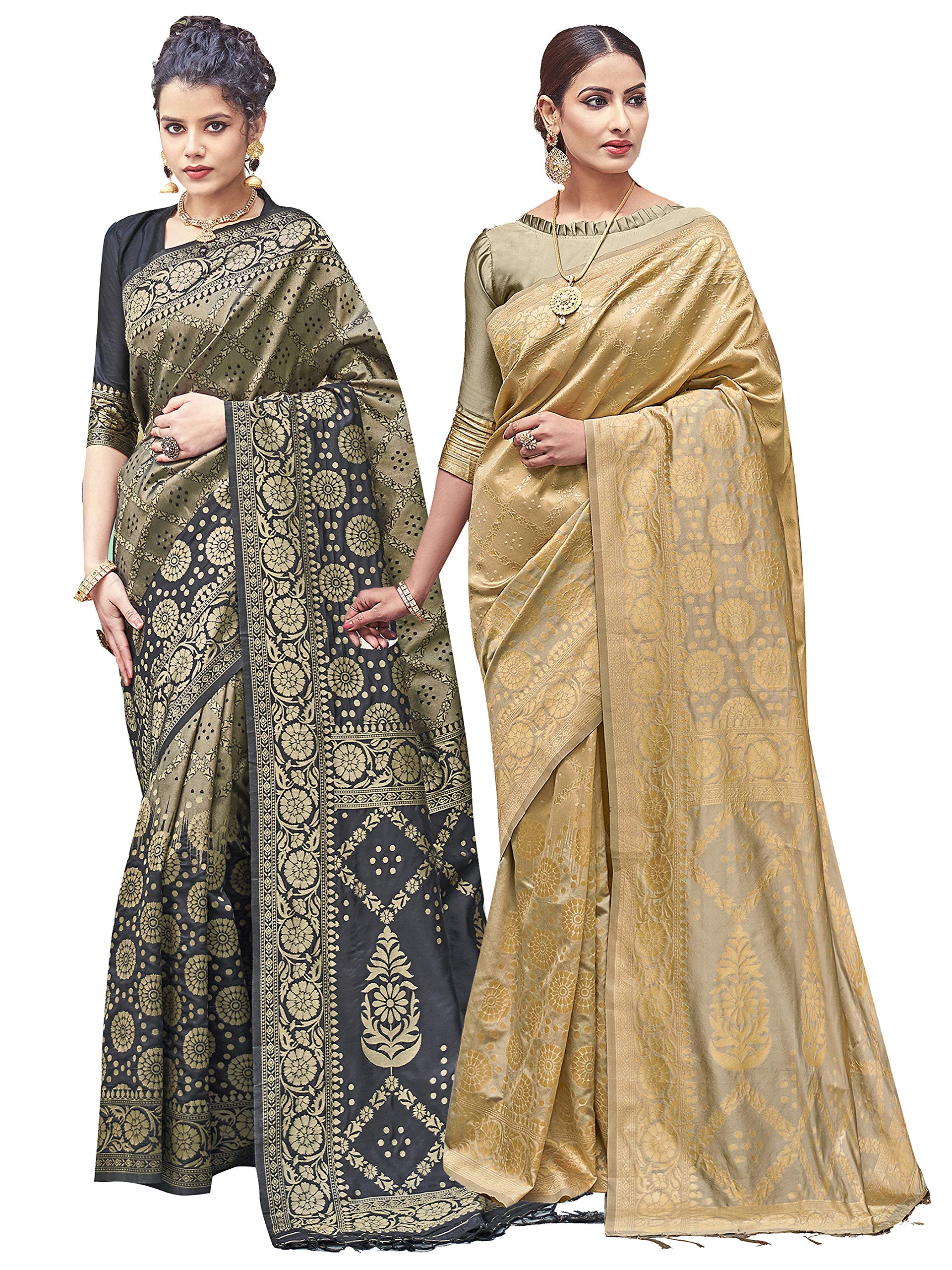 Elina fashionPack of Two Sarees for Women Banarasi Art Silk Woven Saree || Indian Ethnic Diwali Wedding Gift Sari Combo