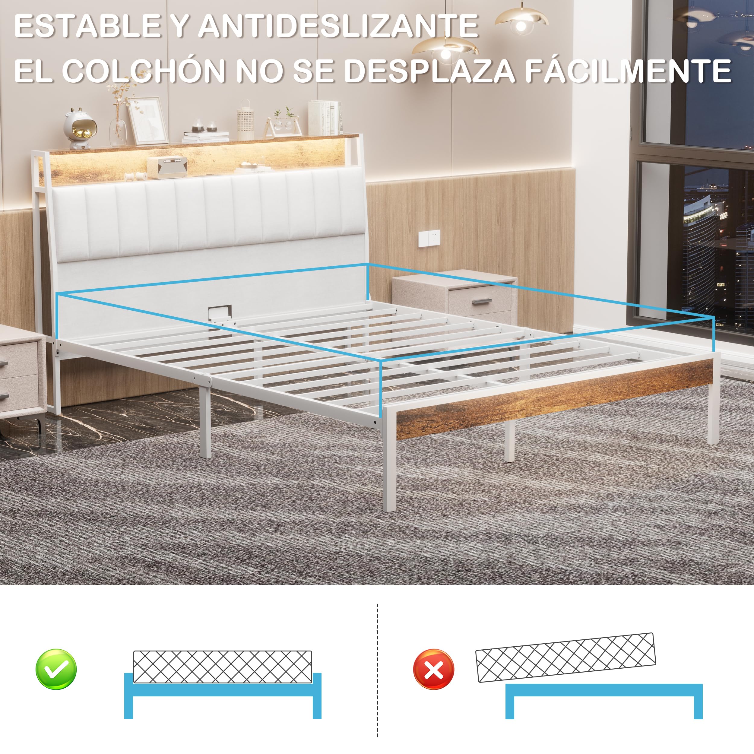 DEWINNER Estructura De Cama 140x190 con Iluminación LED, Cama Doble con Cabecero con Espacio De Almacenamiento, con Múltiples Enchufes (1 Toma De CA, 2 Puertos USB), Estructura Robusta