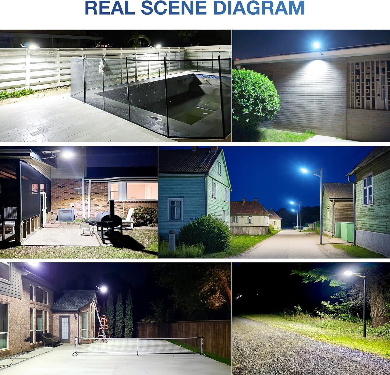 Diagram showing pole mounted and wall mounted solar street lights with dimensions and included accessories
