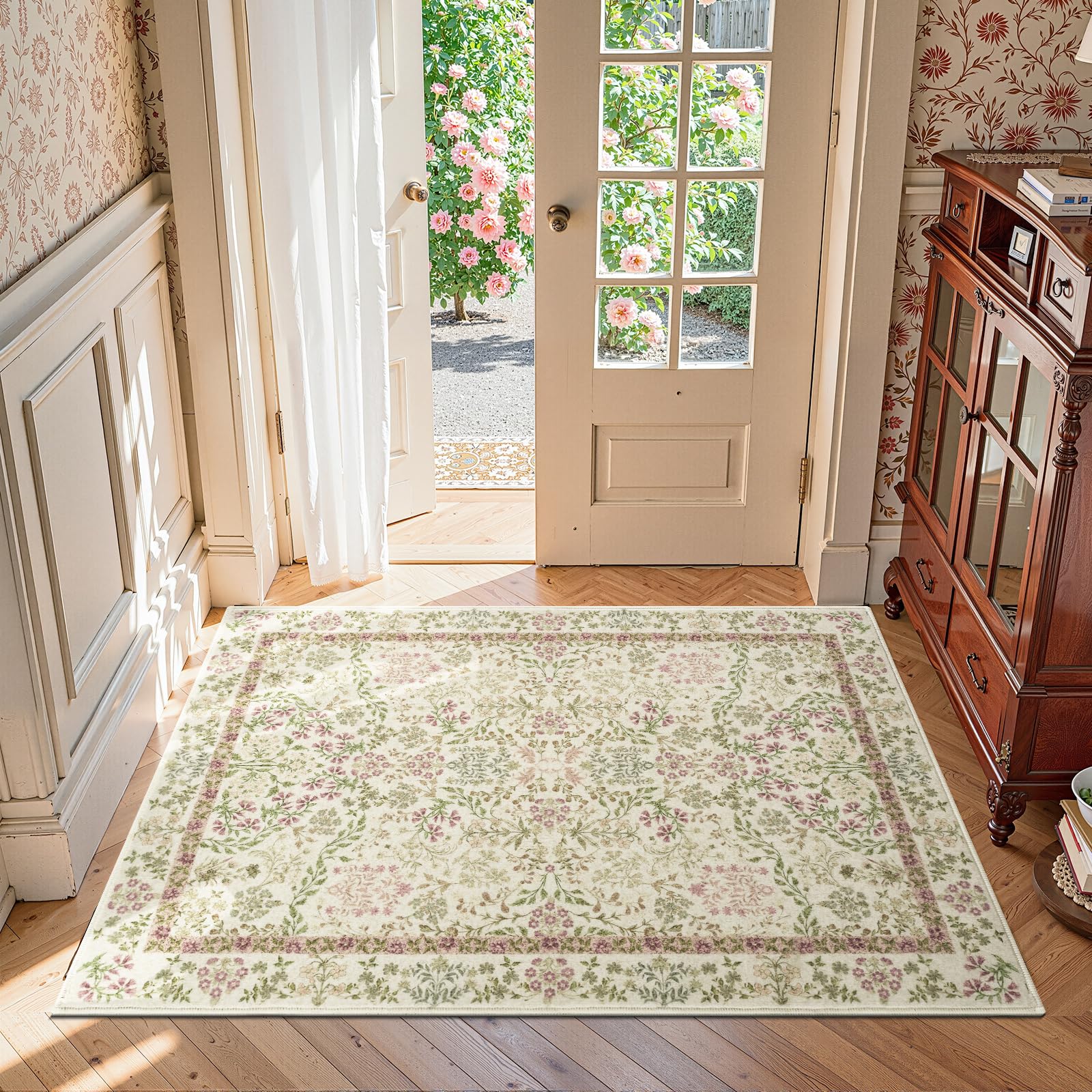 TOPICK Vintage Floral Area Rug 90x150cm Soft Machine Washable Non Slip Rug Low-Pile Thin Carpet for Living Room Kitchen Bedroom Bathroom Green/Purple - Image 2