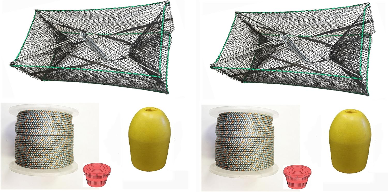 2-Pack of KUFA Sports Galvanized Steel Foldable Prawn Trap with 400' Rope, Yellow Float and Vented Bait Jar Combo (S32+LP4+F11Y+HB5) x2