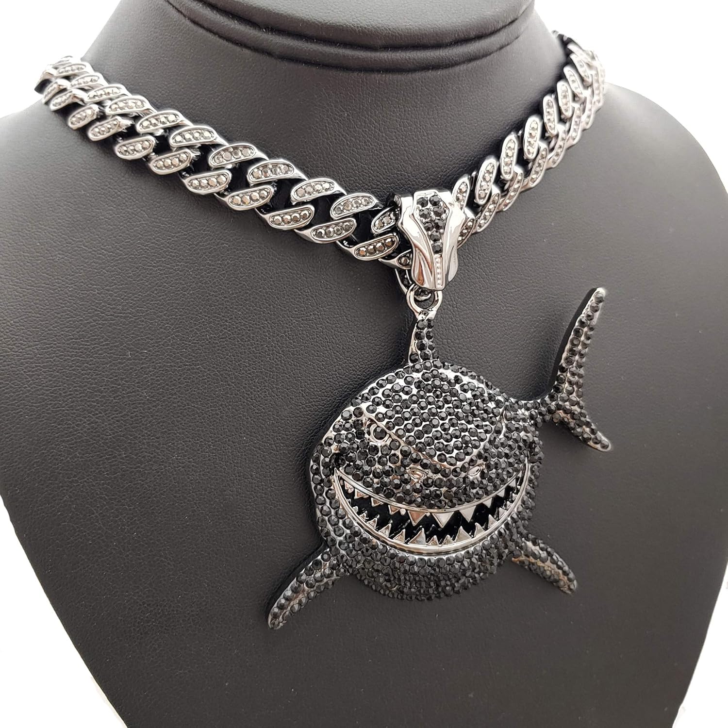 Hip Hop Black Hematite Iced Large Shark Pendant & 16" ~ 24" Iced Cuban Box Lock Chain Bling Necklace