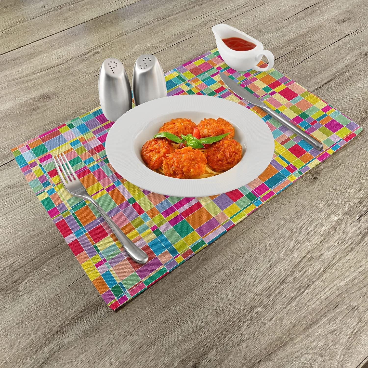 Lunarable Abstract Place Mats Set of 4, Mosaic Style Color Matrix Squares Vibrant Geometric Shapes Modern Design, Washable Fabric Placemats for Dining Table, Red Green