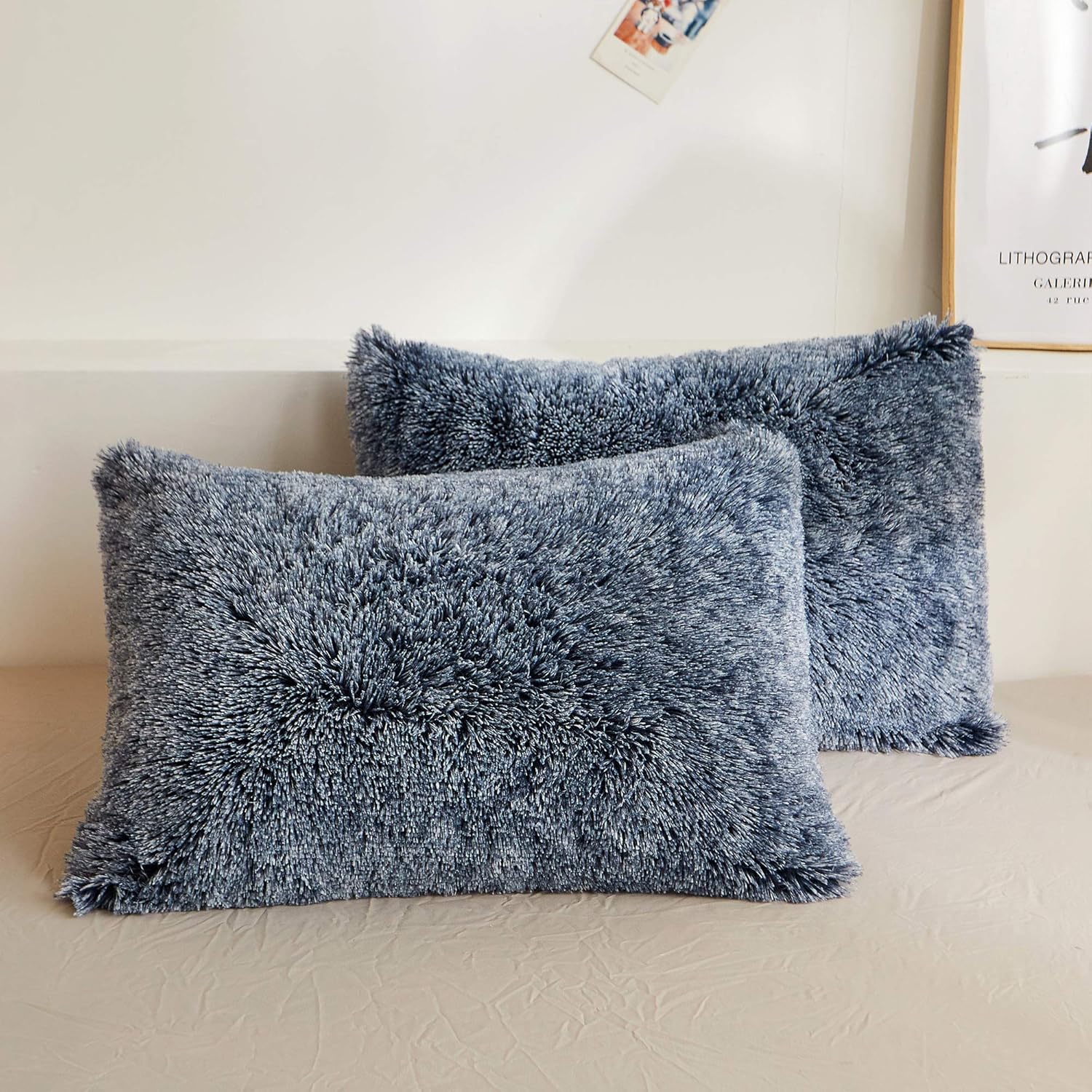XeGe Faux Fur Throw Pillow Cases, Plush Shaggy Ultra Soft Pillow Covers, Fluffy Crystal Velvet Decorative Pillowcases, Furry Fuzzy Pillow Shams Zipper Closure, Set of 2 (Standard, Navy Blue Ombre)