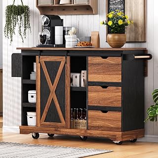 55.5" Farmhouse Island with Drop Leaf, Kitchen Storage Island with Barn Door, Power Outlet, for Home, Kitchen, Dining Room, Black