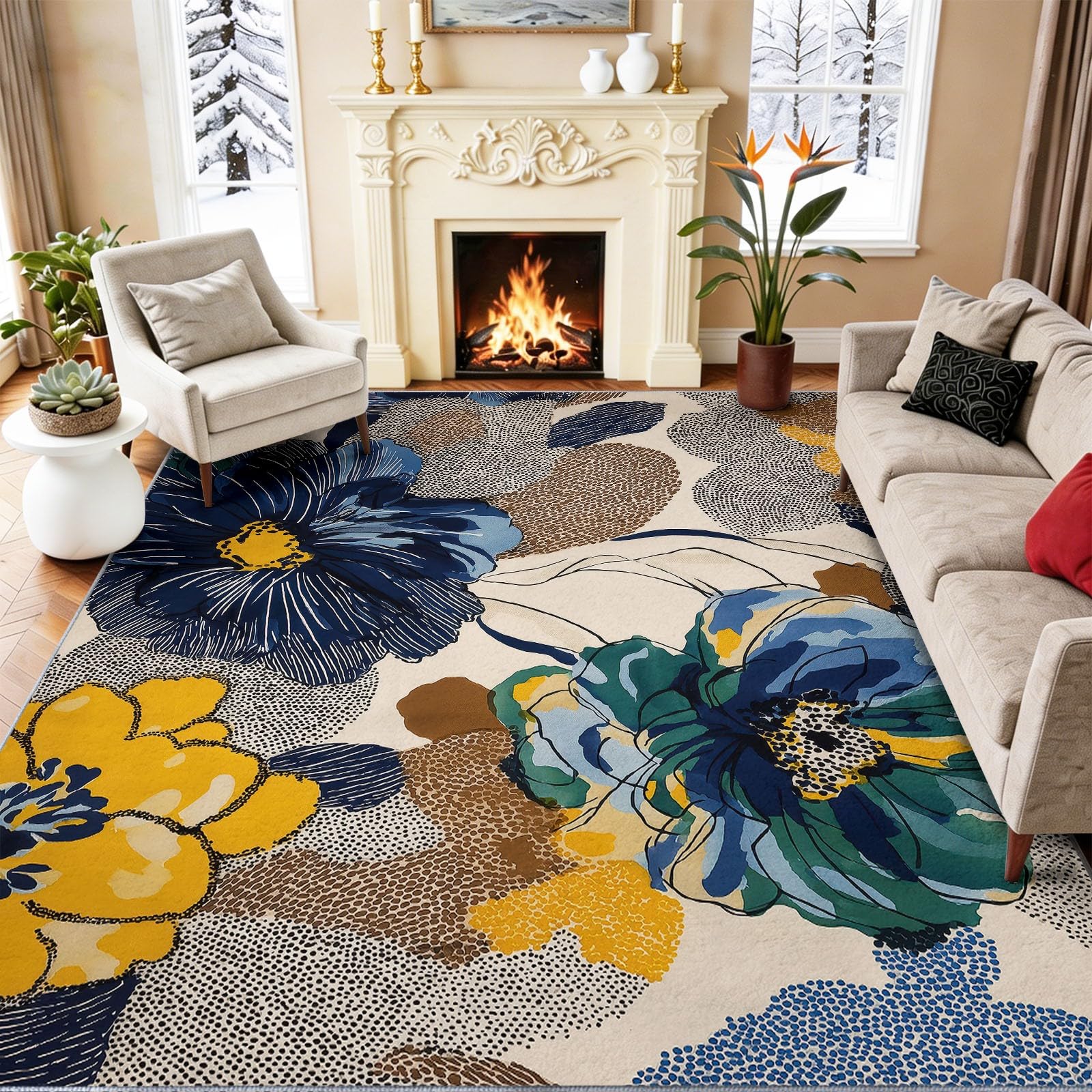 Tapis poils ras pour salle à manger vintage 60x90 cm à motif géométrique