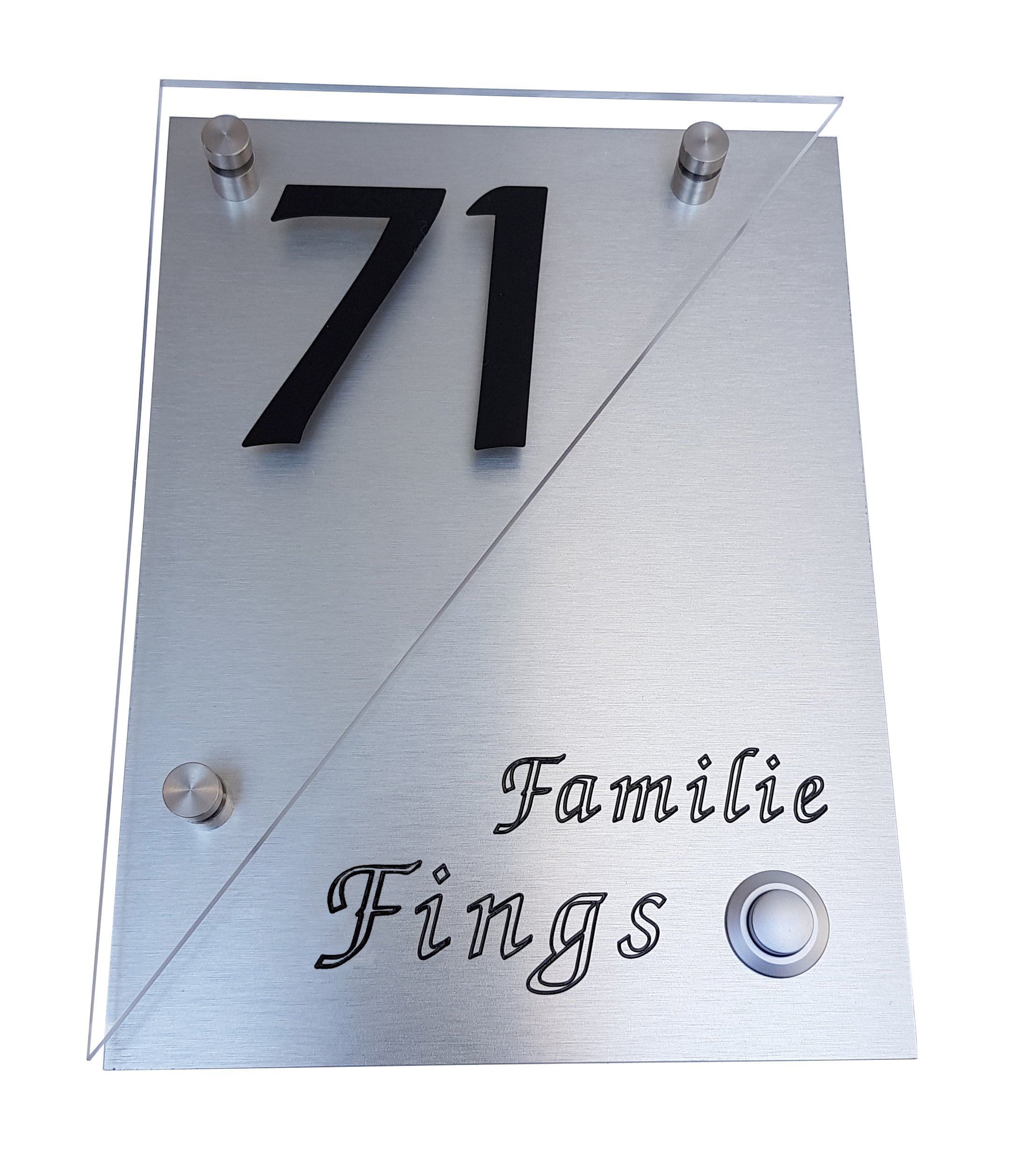 Modernes Klingelschild K12 + Hausnummer mit Klingel Rechts. Aluminium im Edelstahl - Design + Acrylglas Inkl V2A Befestigungsset. Gravur nach Wunsch. Auch LED - Taster möglich