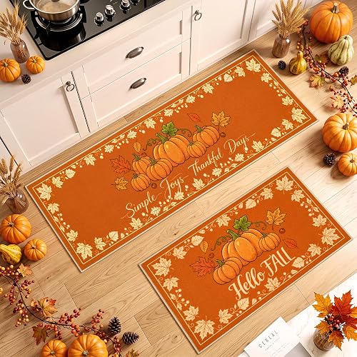 Fall Kitchen Rugs Set of 2, Hello Pumpkin Fall Mats