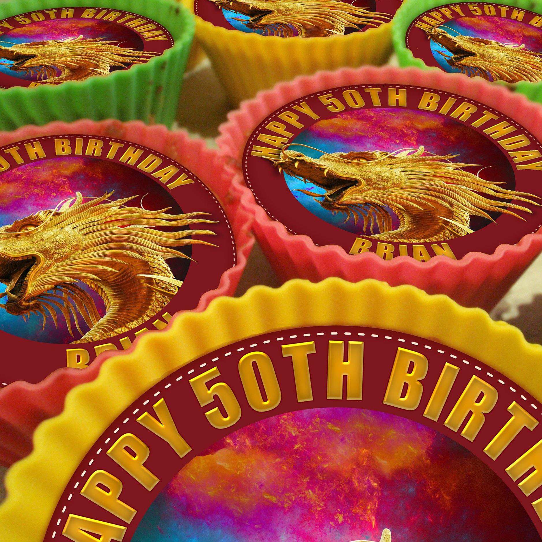 Dalton Designs Uk Chinese Dragon Cupcake Toppers, 20 X 5Cm, Personalised Edible On Icing Sheet With Hi-Res Image
