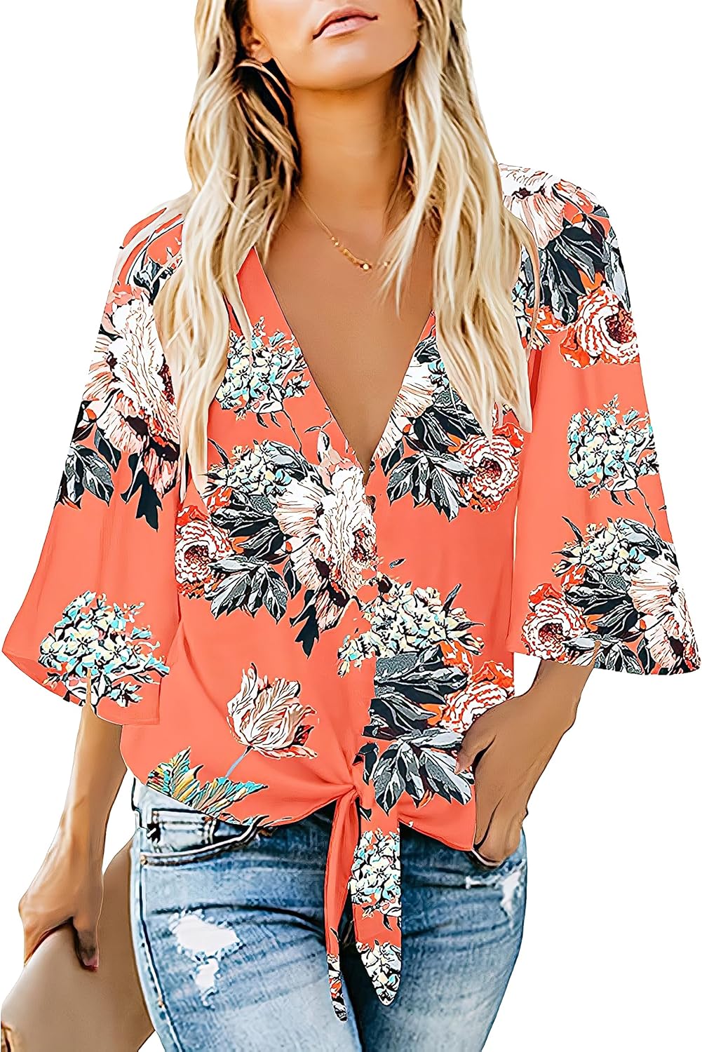 Women's Casual Floral Blouse Batwing Sleeve Loose Fitting Shirts Boho Knot Front Tops