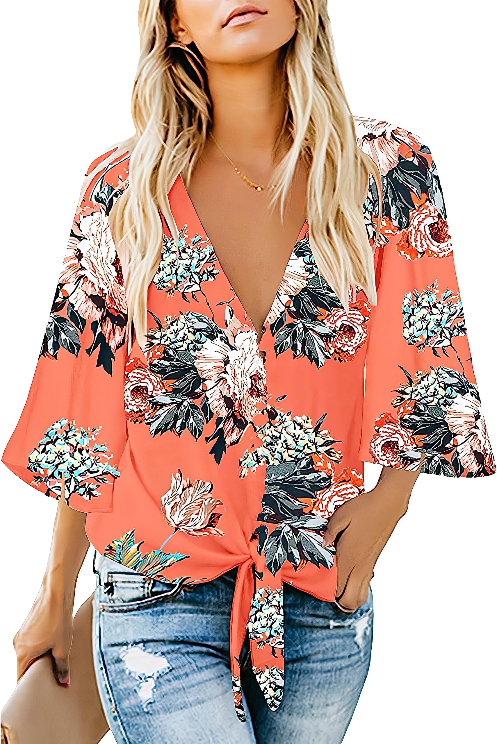 Women's Casual Floral Blouse Batwing Sleeve Loose Fitting Shirts Boho Knot Front Tops