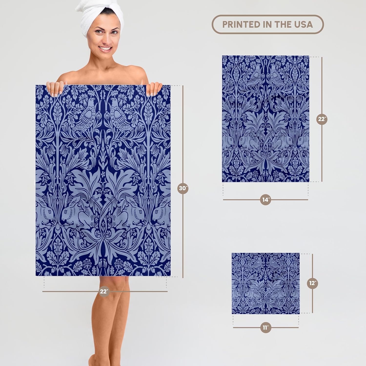 3dRose William Morris Brer Rabbit Chintz in Two Tone Blue 22x30 Bath Hand Pool Towel