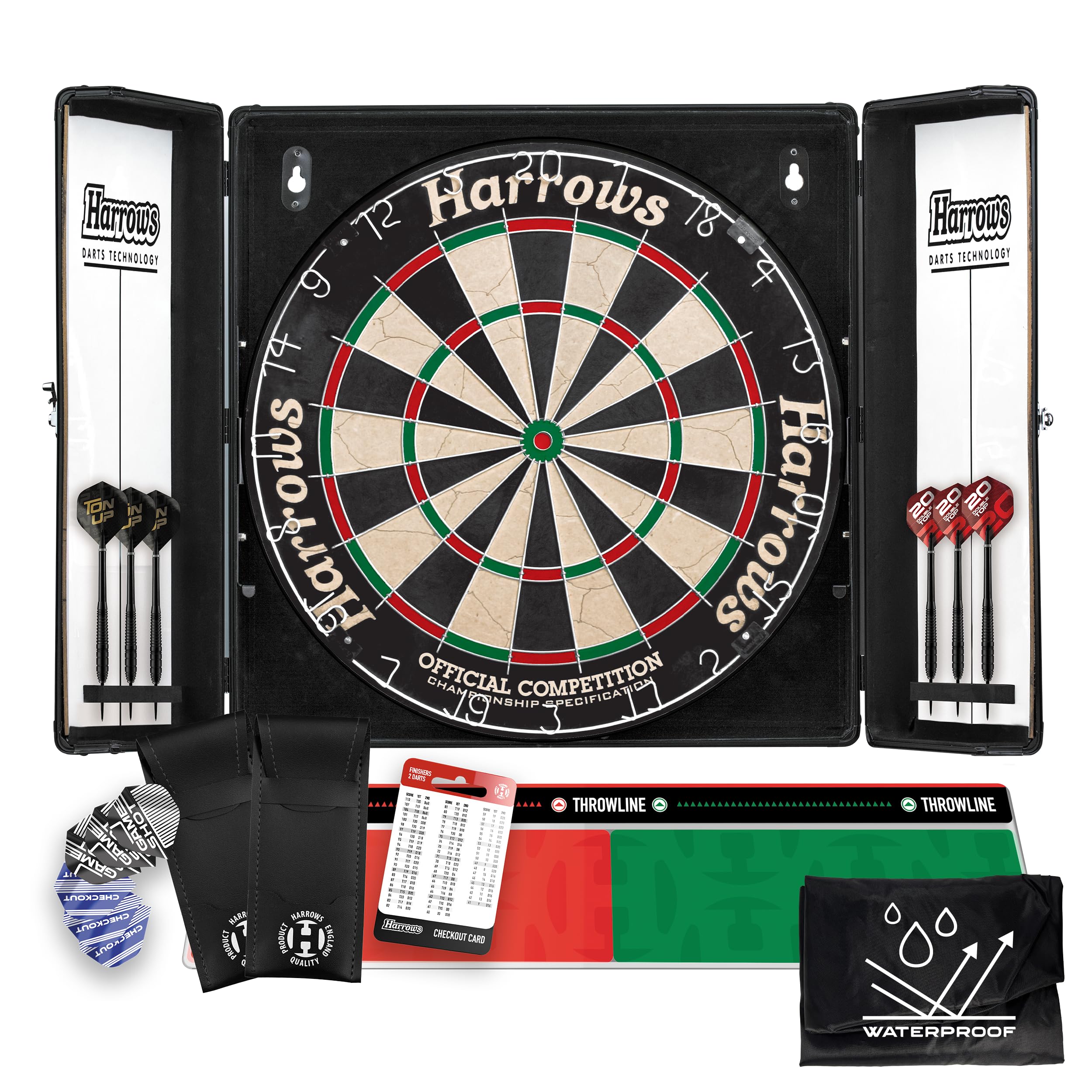 Ensembles de cible de fléchettes Harrows - Choix entre un cabinet en bois Pro’s Choice ou un ensemble en aluminium Top Shot avec une cible de compétition officielle, 6 fléchettes et accessoires