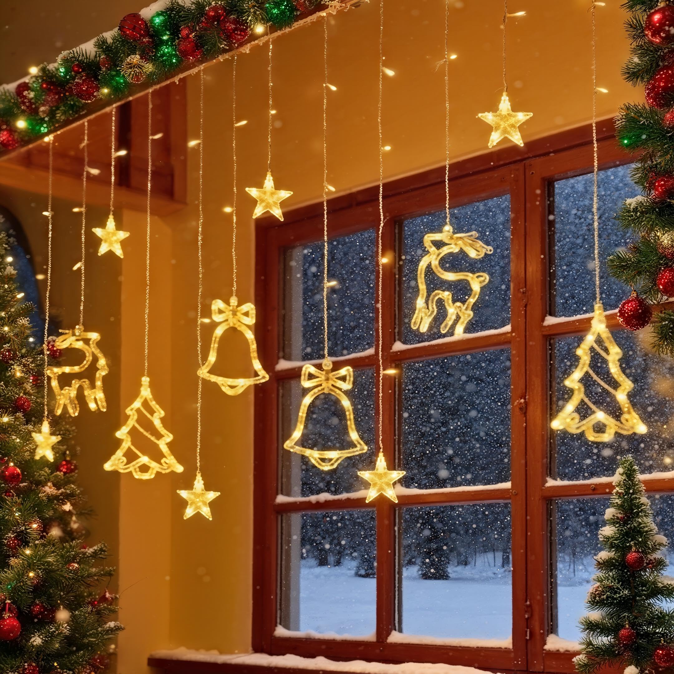 Loyyz Tenda Luminosa Natale con 12 Stelle LED,138LED Luci di Natale da Esterno Interno IP44 Luci di Natale Catena Luminosa Esterno con 8 Modalità per La Casa,Balcone,Finestra Decorazioni Natalizie