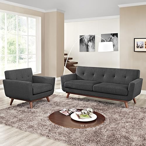 Vista 16 de Modway Engage - Sillón de una pieza tapizado con tela y sofá de dos piezas de estilo de mediados de siglo, Tela, Celeste