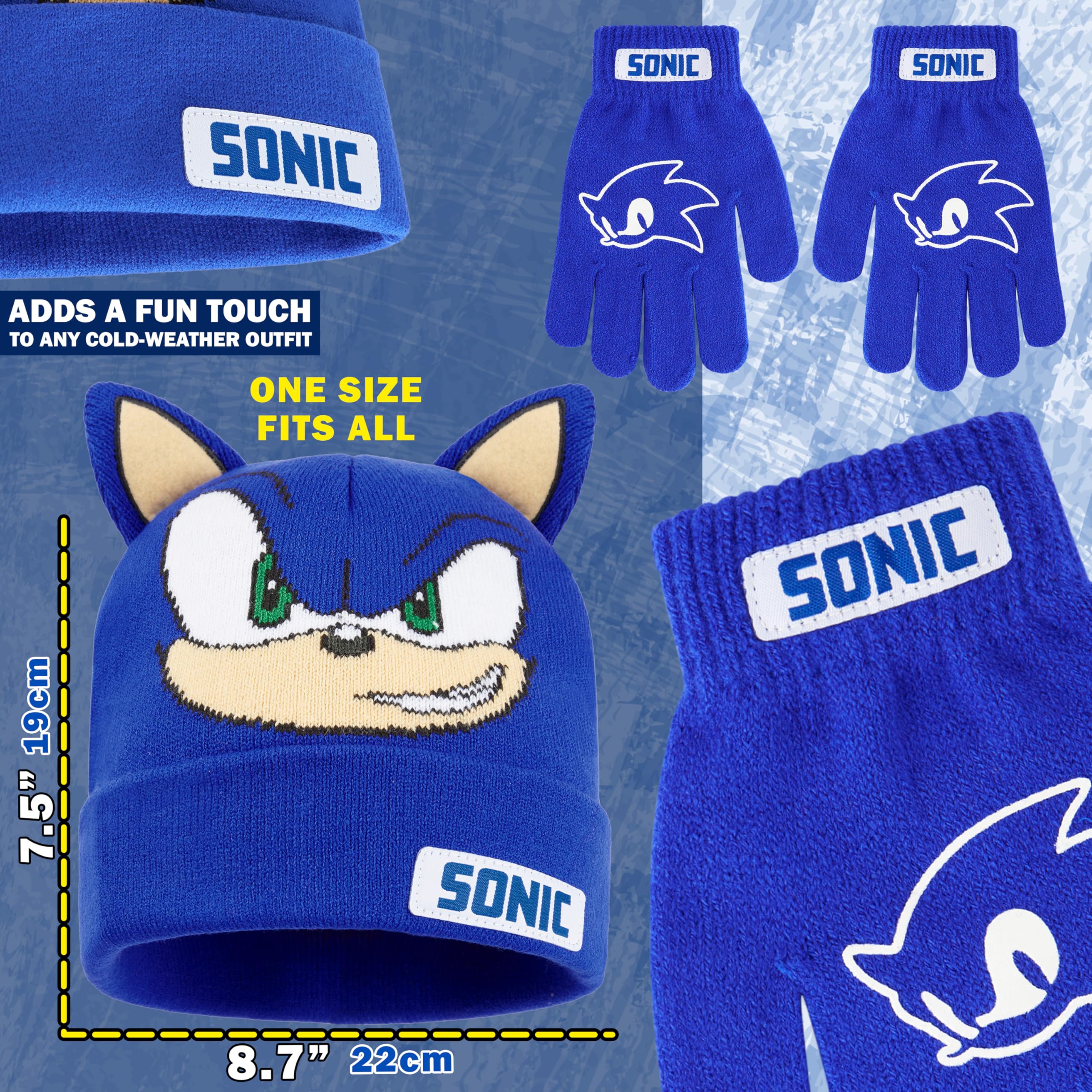 Get Trend SONIC THE HEDGEHOG Gorro y Guantes Niños Invierno, Conjuntos para Niña Niño 4-12 Años con Orejas 3D Bordado, Regalo Gamer