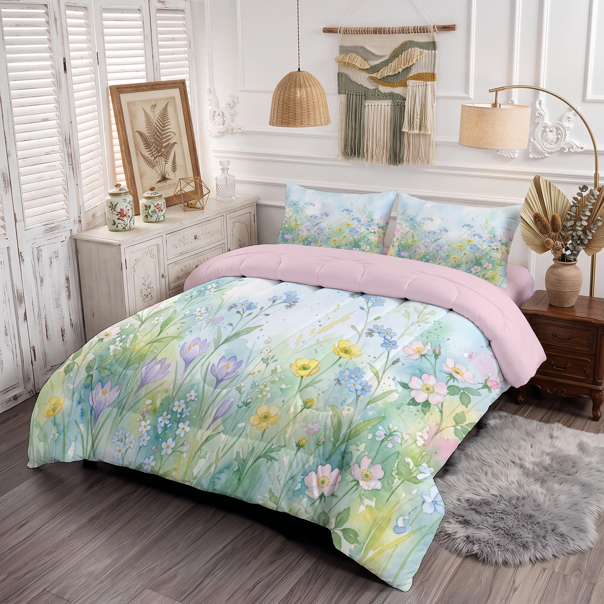 Trapunta Paesaggio Primaverile Fiori Selvatici, Piumino Matrimoniale 4 Stagioni | 200X200 Cm Con Federa 50X80, Piumone Leggero In Microfibra, Trapunta Reversibile Casa Piante Acquerello, Azzurro