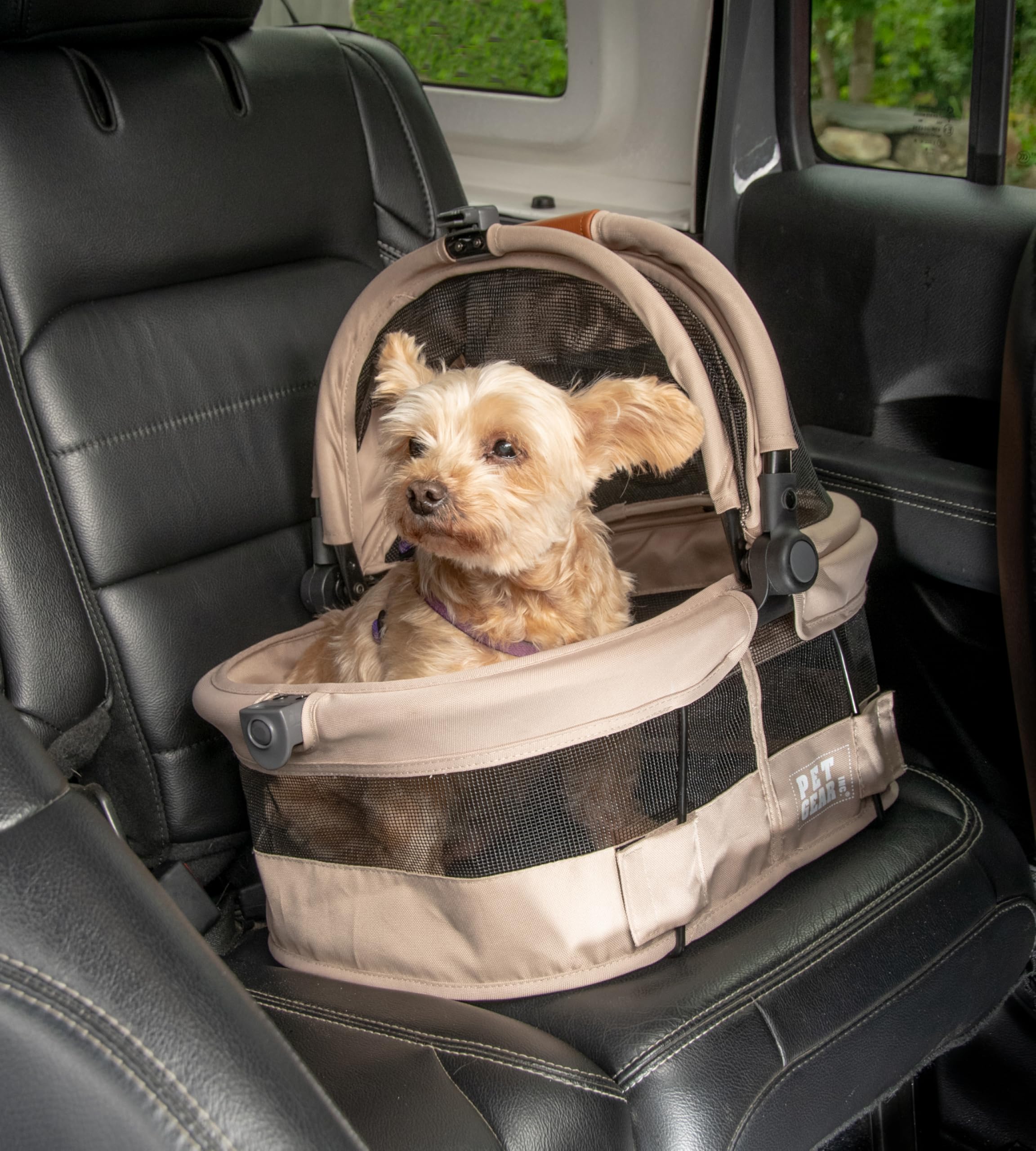 Pet Gear No-Zip View 360 Ultra Lite - Transportín de Seguridad para Mascotas y Asiento de Coche para Perros pequeños y Gatos, Entrada con botón, 15 Pulgadas, Color Crudo