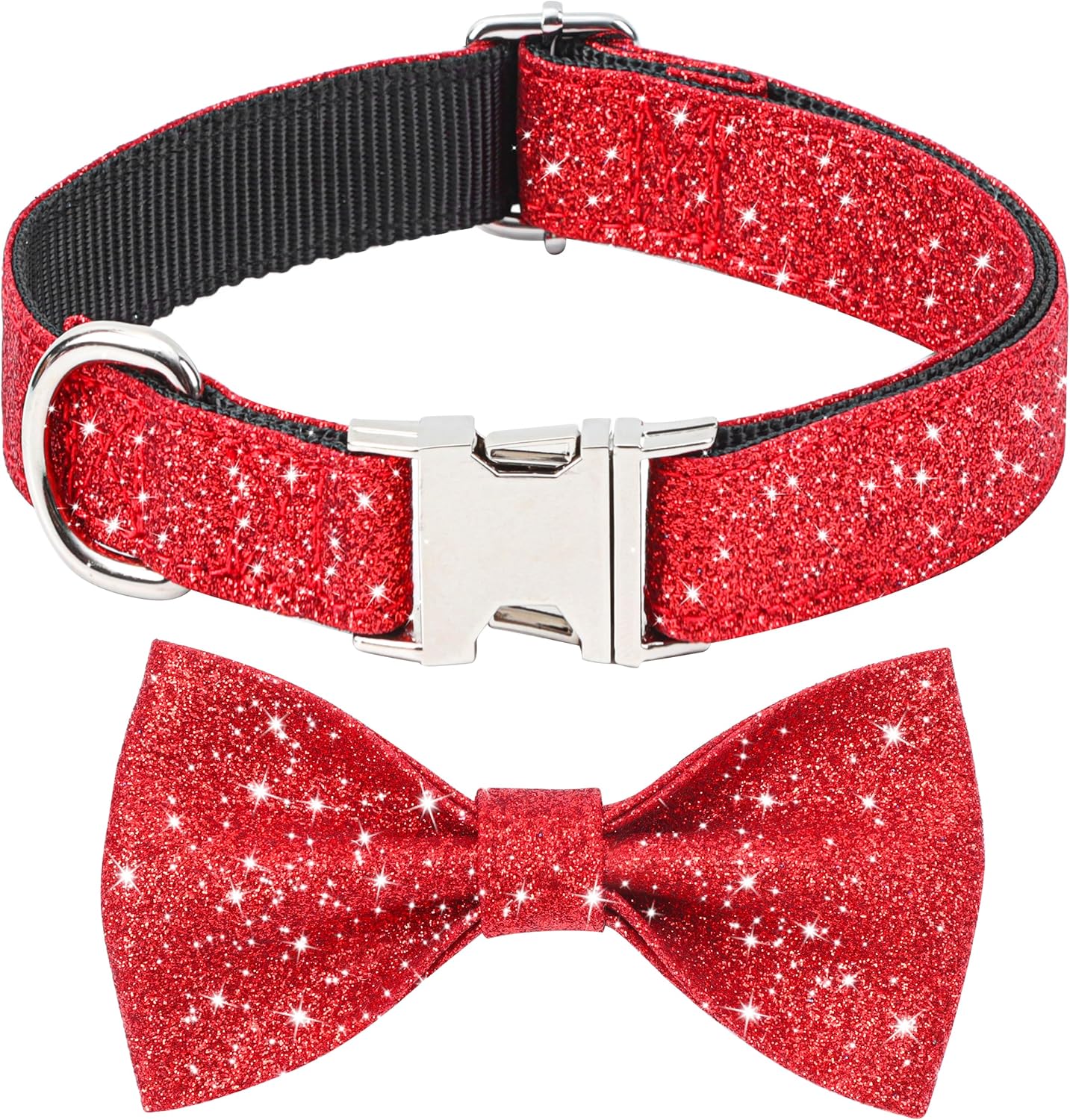 Bling Bow Tie Dog Collar and Leash Set, Red Christmas Dog Collar with Bow and 5ft Leash for Medium Dogs, Cute Walking Boy and Girl Dogs Collar Set (Neck fit 13-19’’)