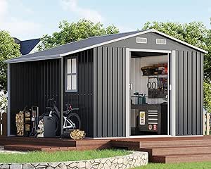AMERLIFE 10.6x6.8x6.3 FT Galvanized Metal Storage Shed with Firewood Area, Sliding Doors & Ramp, Windows & Vents, Weather-Resistant Outdoor Tool/Garden Shed, Dark Gray