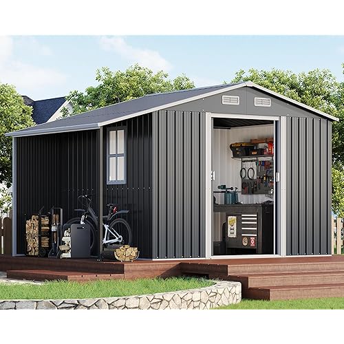 AMERLIFE 10.6x6.8x6.3 FT Galvanized Metal Storage Shed with Open Firewood Bay, Sliding Doors & Ramp, 2 Windows & Vents, Weather-Resistant Outdoor Tool/Garden Shed, Dark Gray