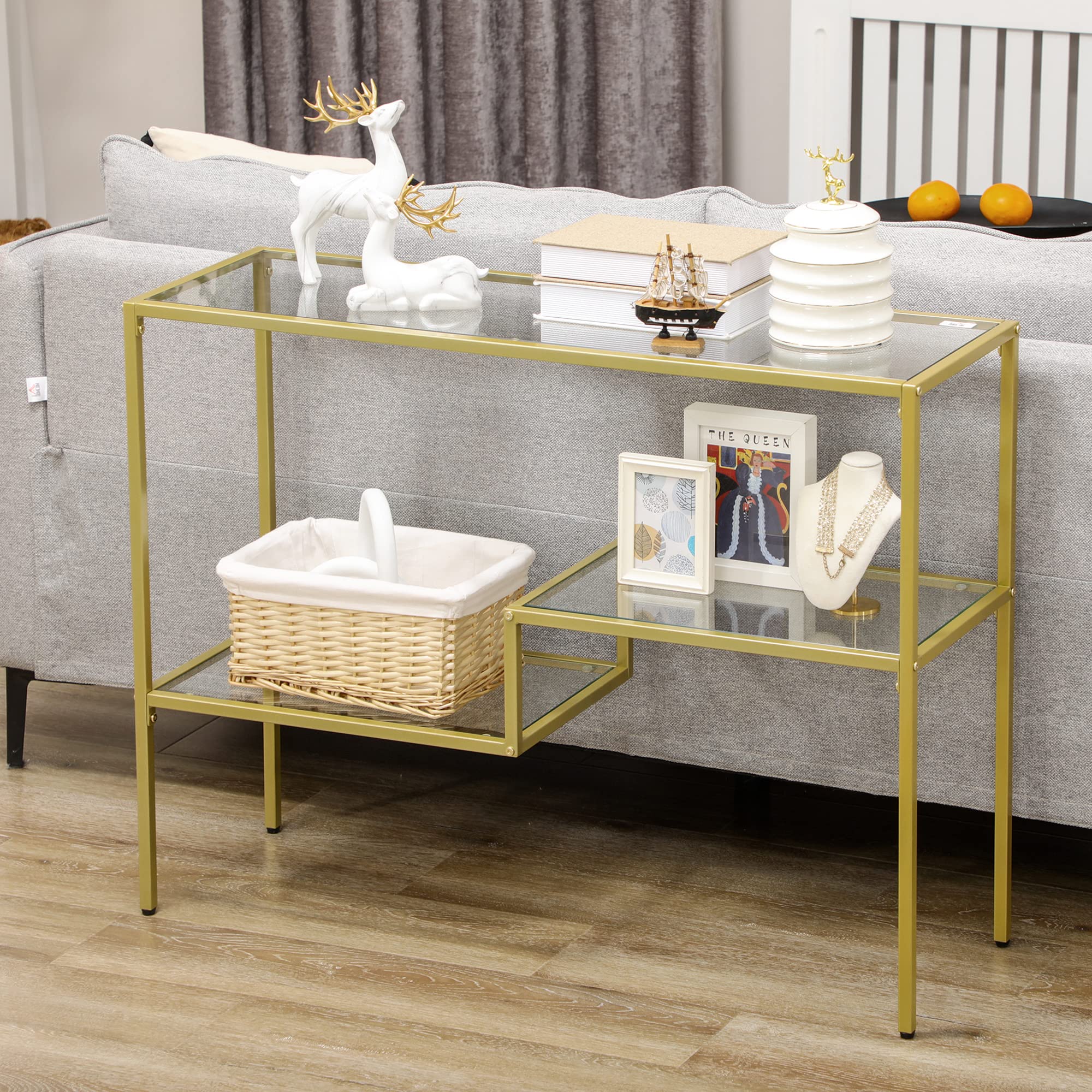 HOMCOM Consola de Entrada con 3 estantes de Acero y Cristal Templado, 100x32x76 cm, Dorado