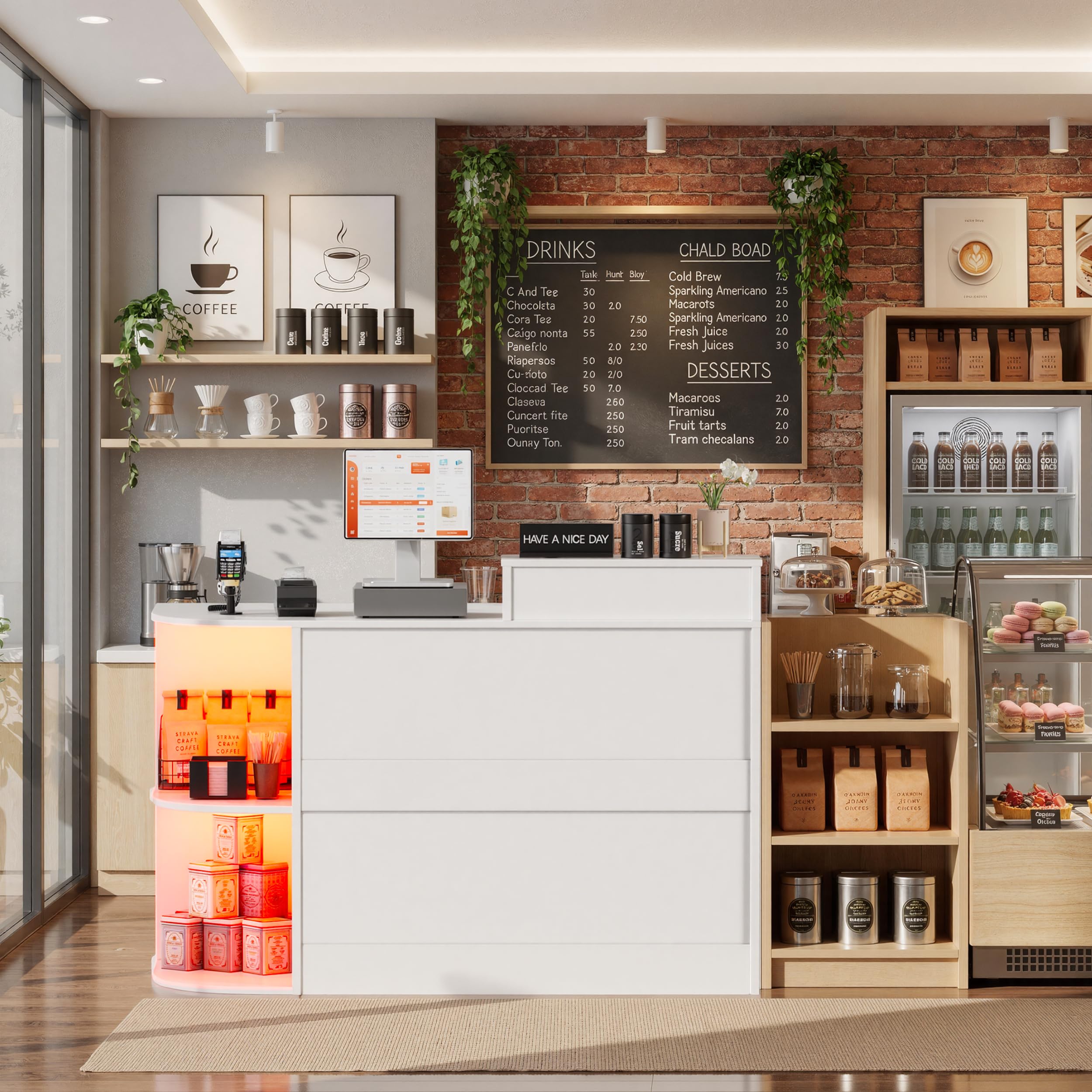 Mesita de recepción con iluminación LED, mostrador de recepción con cajones con cerradura, estante de exposición y bandeja para teclado, mesa de recepción moderna para salón, tienda, hotel, oficina