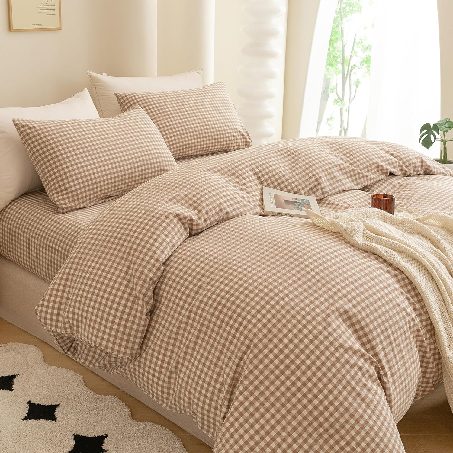 ECOCOTT Gingham Duvet Cover King Size 100% Washed Cotton Like Linen Feel Super Soft & Comfy Bedding Set Modern Checkered Design for All Seasons - Image 5