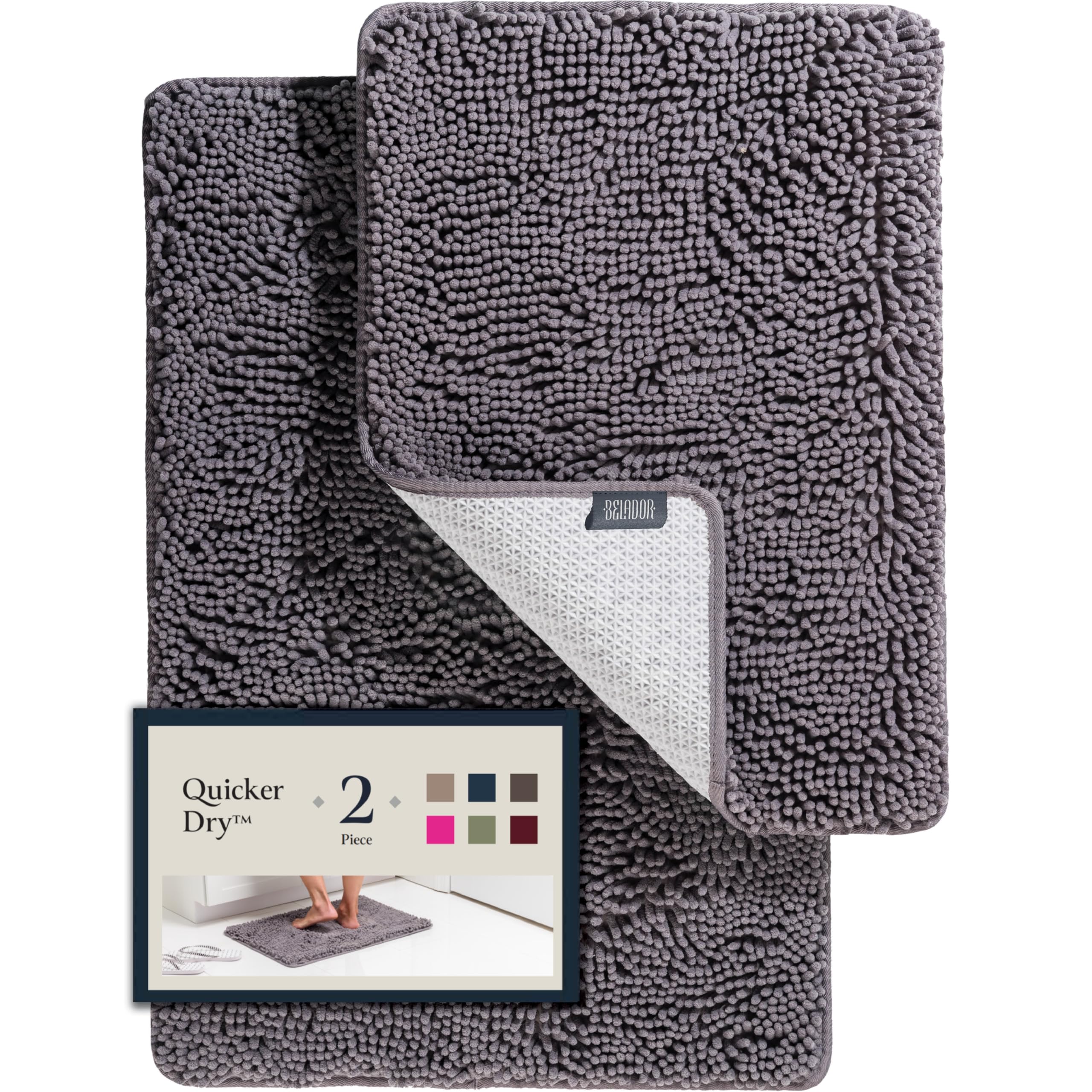 BELADOR Juego de 2 alfombras de baño de felpilla suave de secado rápido con respaldo de goma, juego de alfombras de baño absorbentes, lavables para baño, tapetes de baño de 24 x 17 pulgadas + 30 x 20