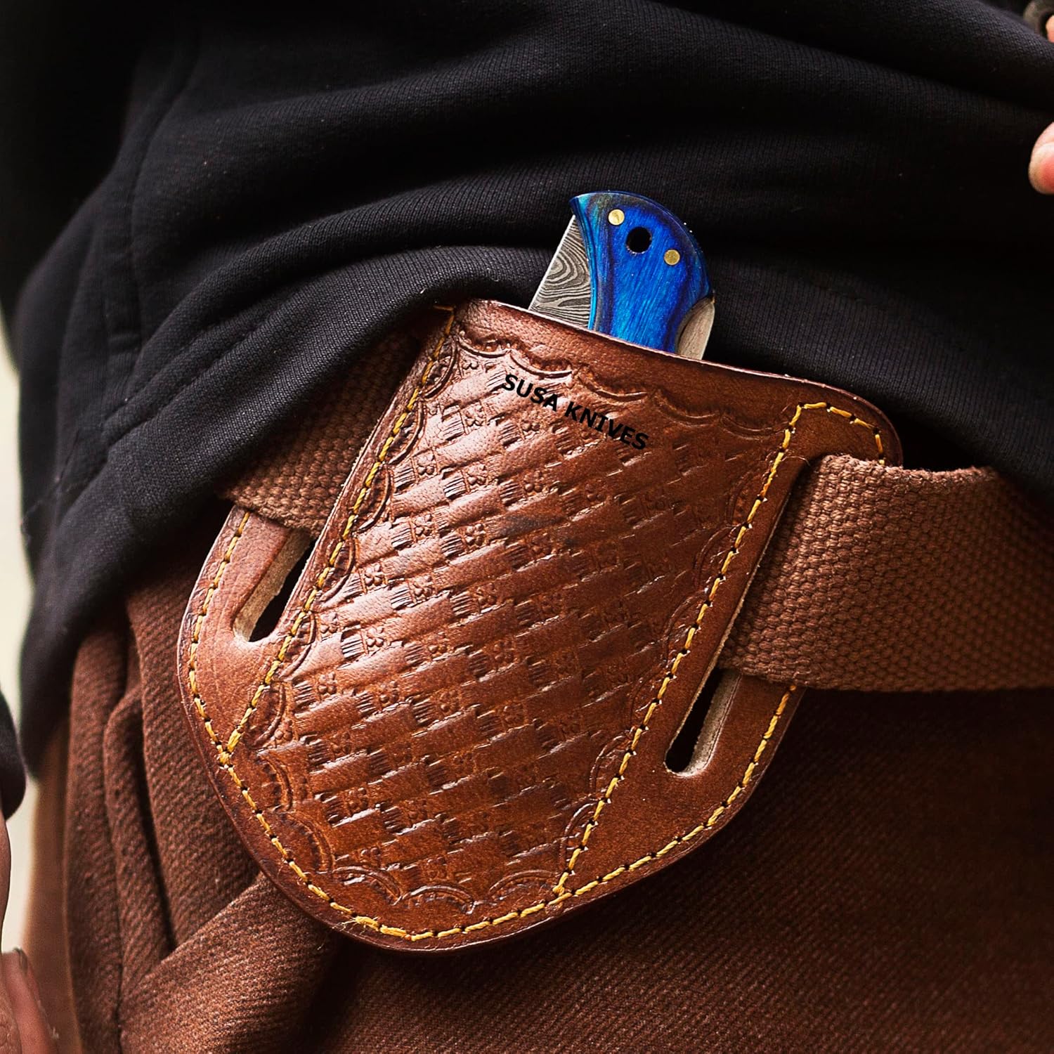 Damascus Steel Pocket Knife Handmade cowboy Knives for Outdoor, Camping, Hiking Back Lock Blade EDC knife pancake leather sheath (BLUE)