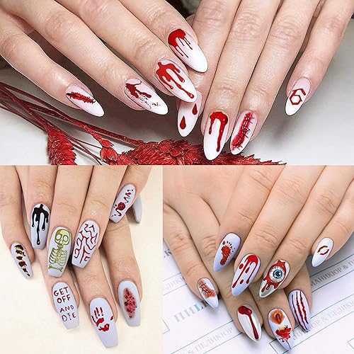 Miniatura 3 de COKTAK 6 hojas de calcomanías de arte de uñas estilo Halloween para mujer, divertidas calcomanías autoadhesivas de calavera Skettlon fantasma,