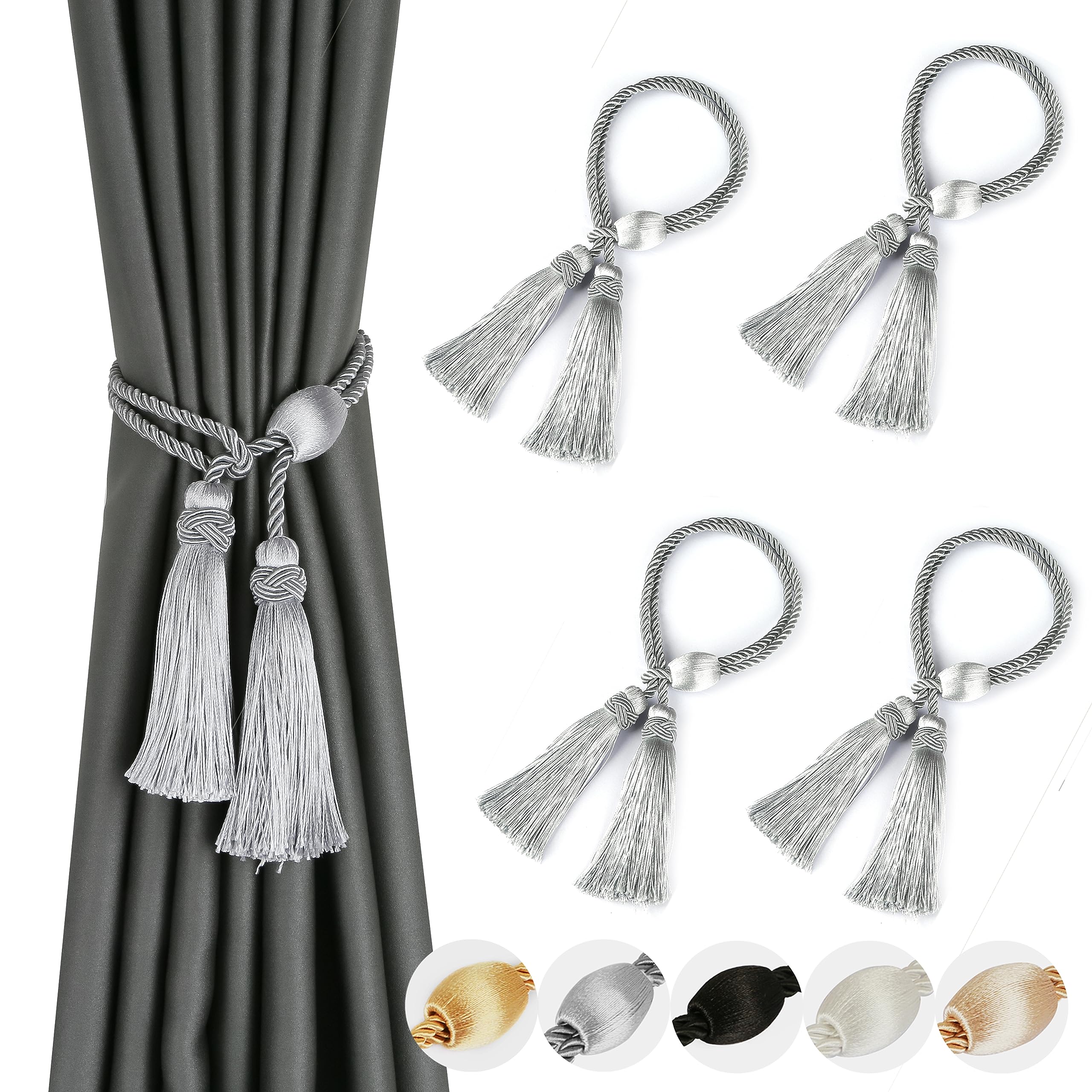 OUdini Curtain Tiebacks with Tassel Rope Window Curtain Ties Backs for Draperies Outdoor Curtain Holdbacks, 4 Pack/Sier