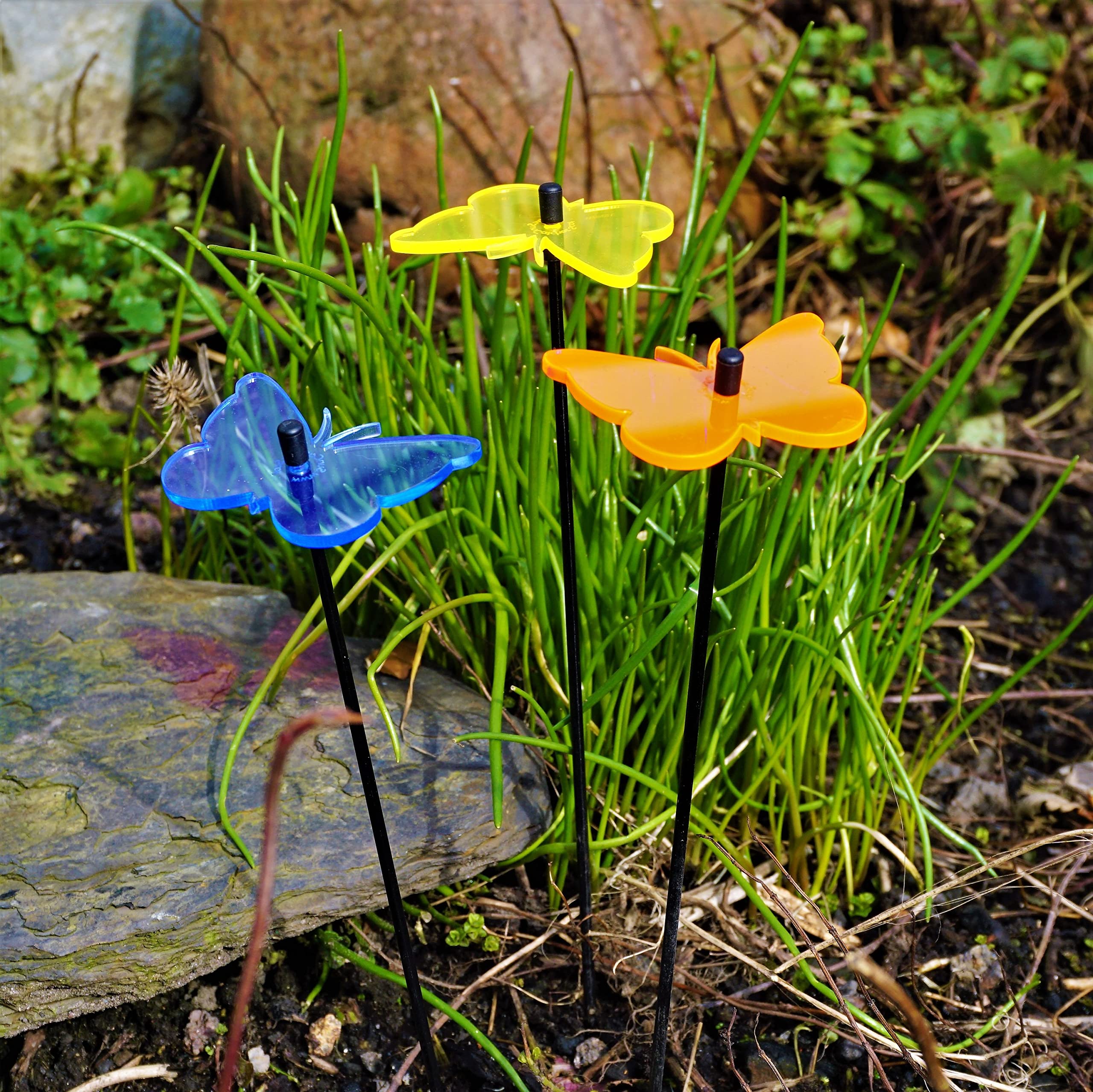 Sun Catcher Garden Decor Ornaments Glowing Gatekeeper Butterfly Set of 3 Garden Stakes 25cm,10 inch high Outdoor Yard Fun Gardeners Gift, Colour:yellow/orange/blue (3) OB