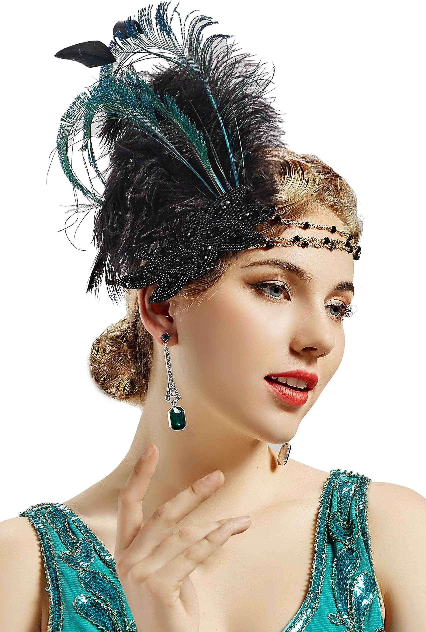 Feather Headpiece - 1920s Flapper Headband with Crystals - Great Gatsby Costume Accessory (Black)