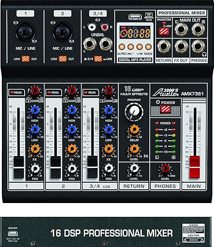 Miniatura 5 de Audio2000'S AMX7361 Mezclador de audio de cuatro canales con fuente de alimentación USB 5V, interfaz USB y efecto de sonido