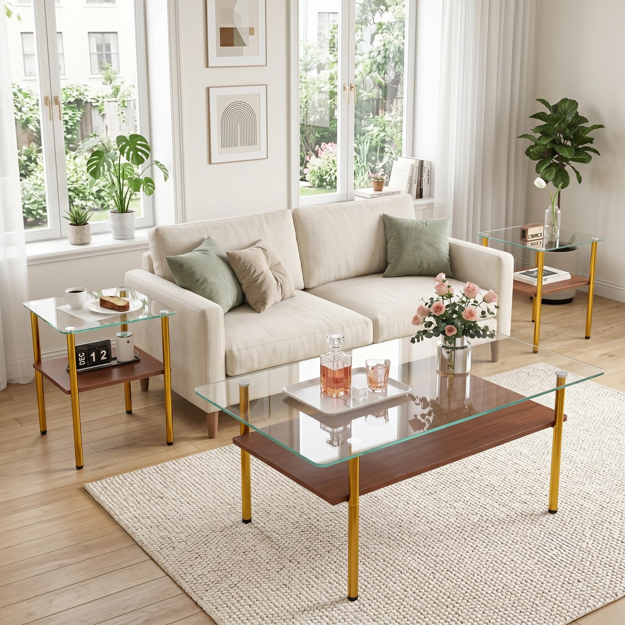 3 Piece Coffee Table and End Table Set, Living Room Table Set with Tempered Glass Top,Wooden Storage Shelves &amp; Golden Metal Legs, 2-Tier Coffee Table Set of 3,Easy Assembly for Apartment Small Space
