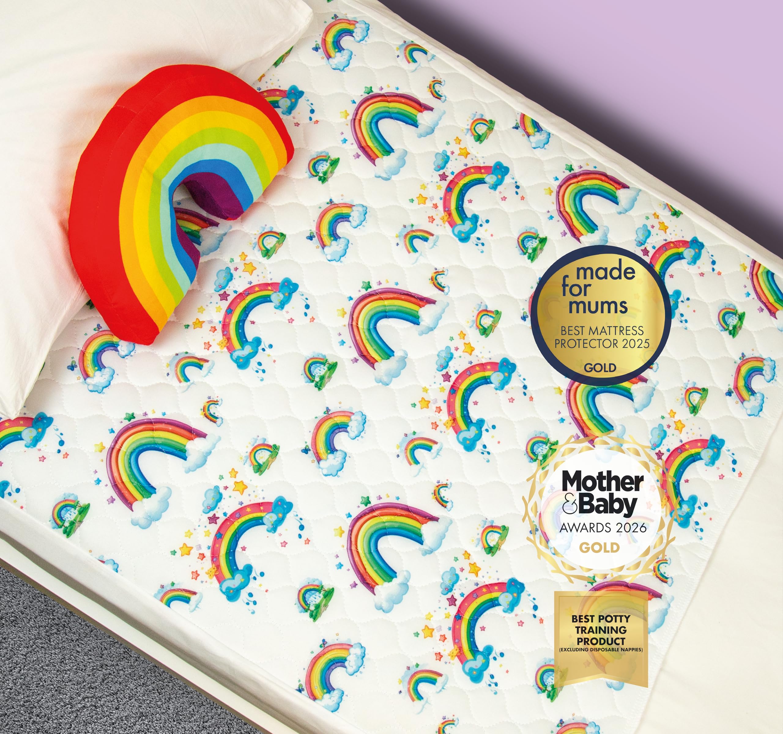 Bedwetz Potty Training Bed Pads | 100% Waterproof Mattress Protector | Bedwetting Sheets, size fits Single & Toddler Beds | Non Slip Mat with Side Wing Tucks | UK Brand | Rainbow