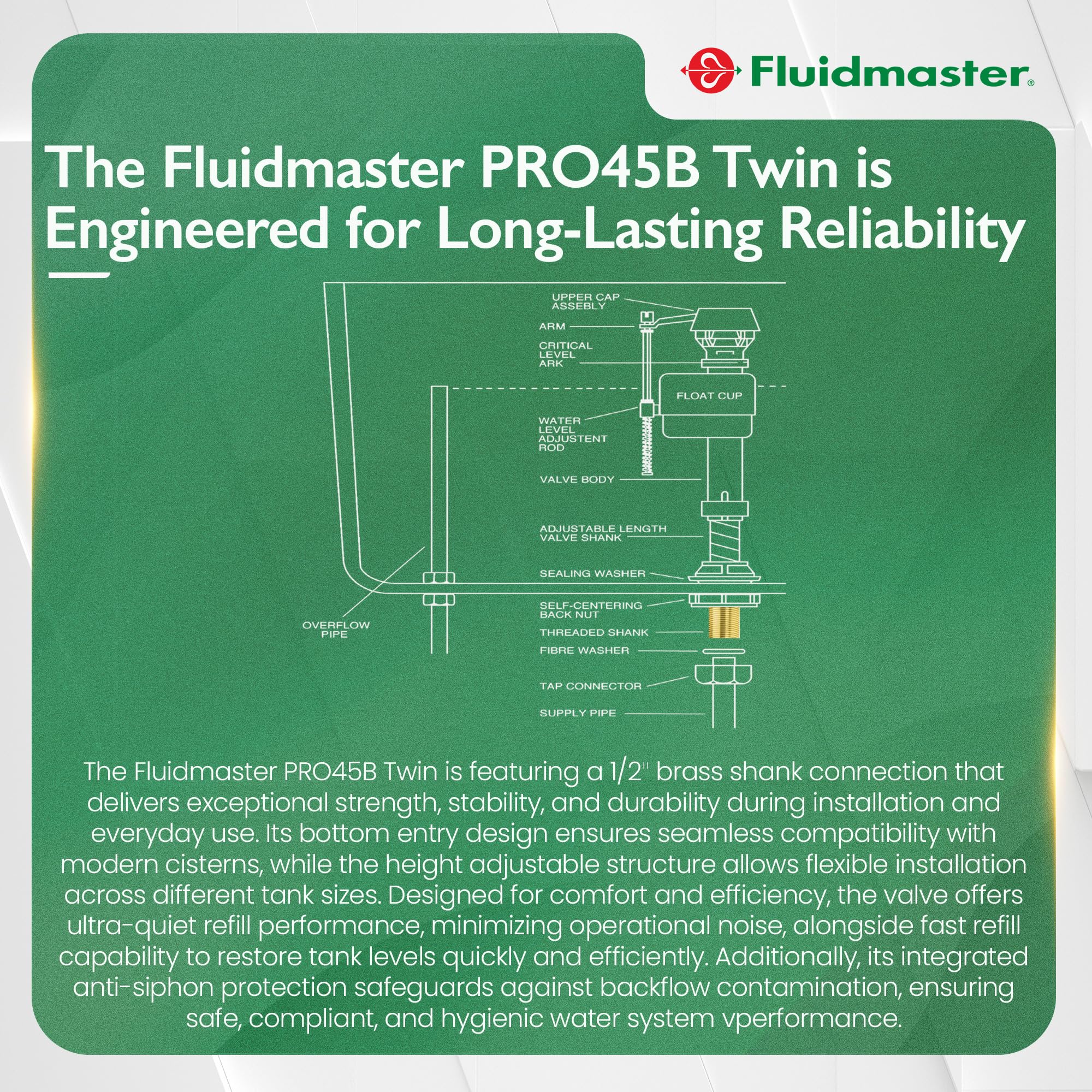Fluidmaster PRO45BTWIN Toilettenfüllventil, 2 Stück, inklusive PRO45B Messingschaft mit unterem Eingang – leises Nachfüllen, verstellbare Höhe, Anti-Siphon, WRAS-geprüft – 5 Jahre Garantie