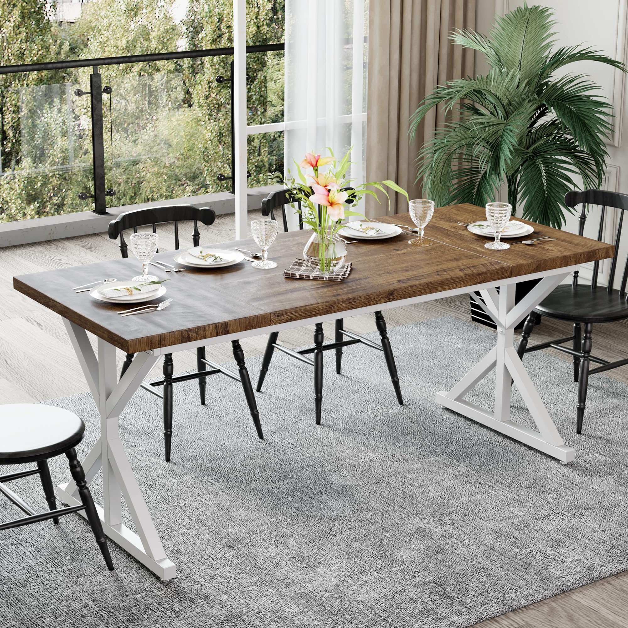 AMICLIBER Farmhouse Dining Table for 6-8 People, 70.8 Inch Rectangular Wood Dining Table, Rustic Kitchen Table with Extra Heavy Duty Metal Legs for