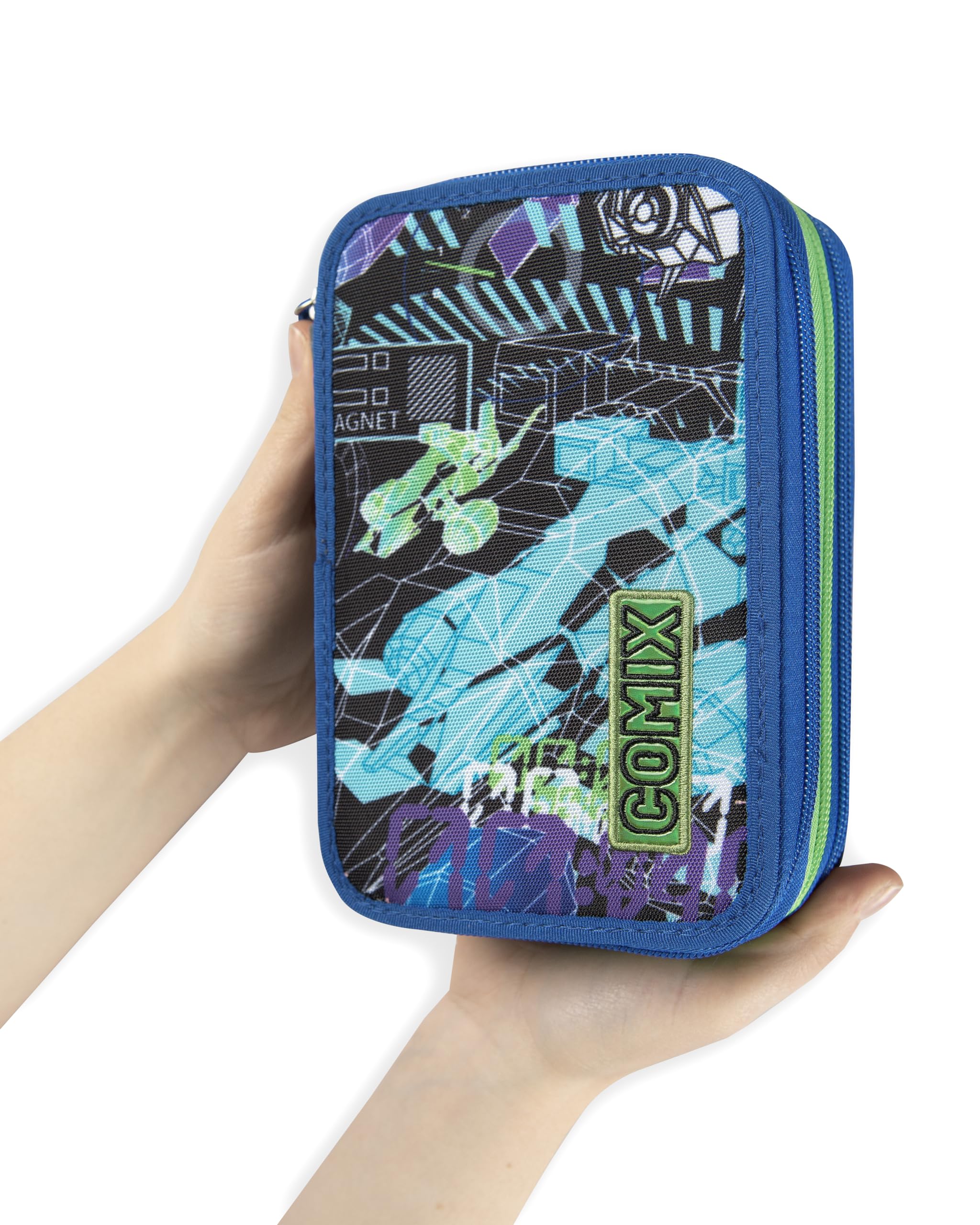 Comix Flash - Estuche Escolar con 3 Compartimentos para niños y niñas, con Juego de papelería Completo, 5 Etiquetas para el Nombre y prácticos Cierres de Cremallera, 13 x 20 x 7 cm, Enjoy Genius