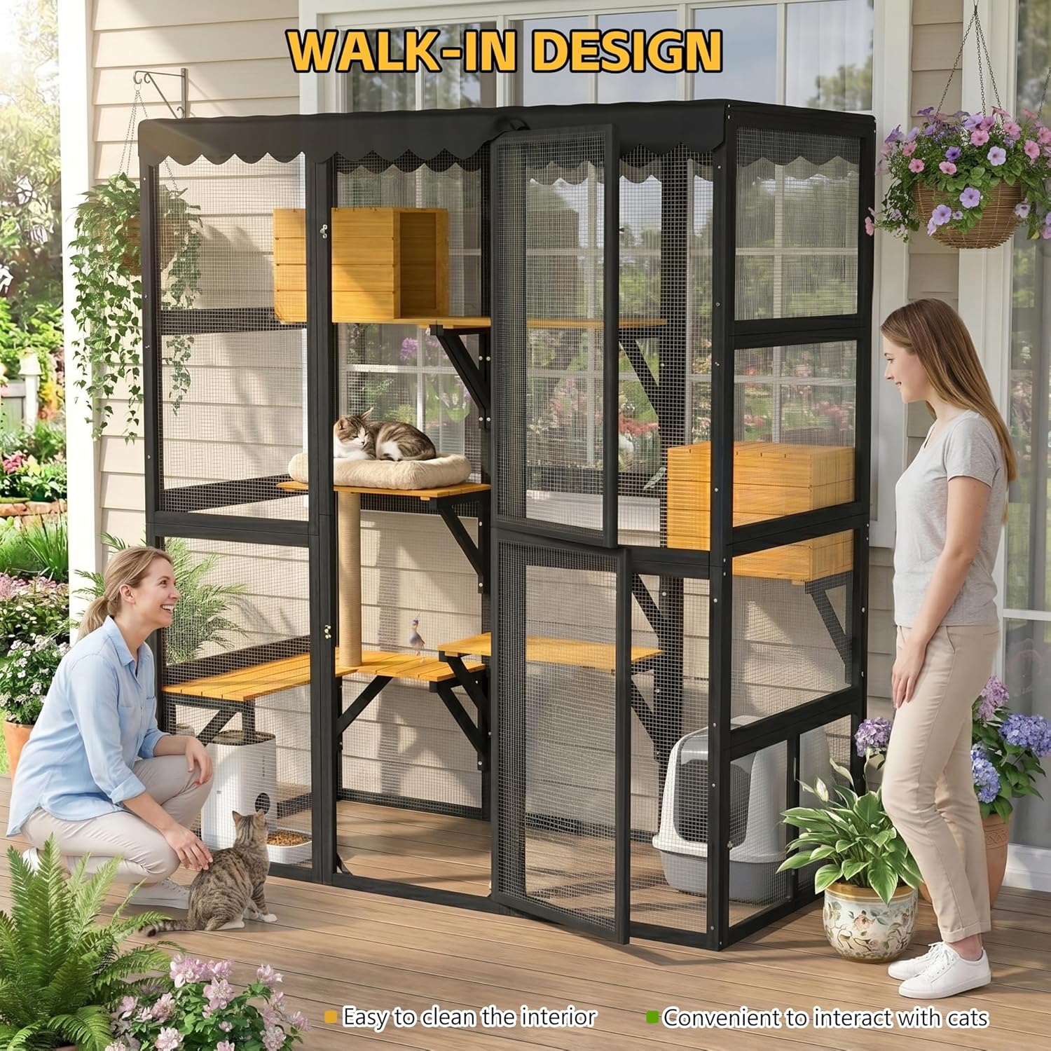 Large Outdoor Wooden Cat Catio Enclosure with Window Connection.Cat House – 2 Condos, 5 Platforms, 4 Doors, Weatherproof Roof & Strong Mesh for Multiple Cats (Walk-in Design)