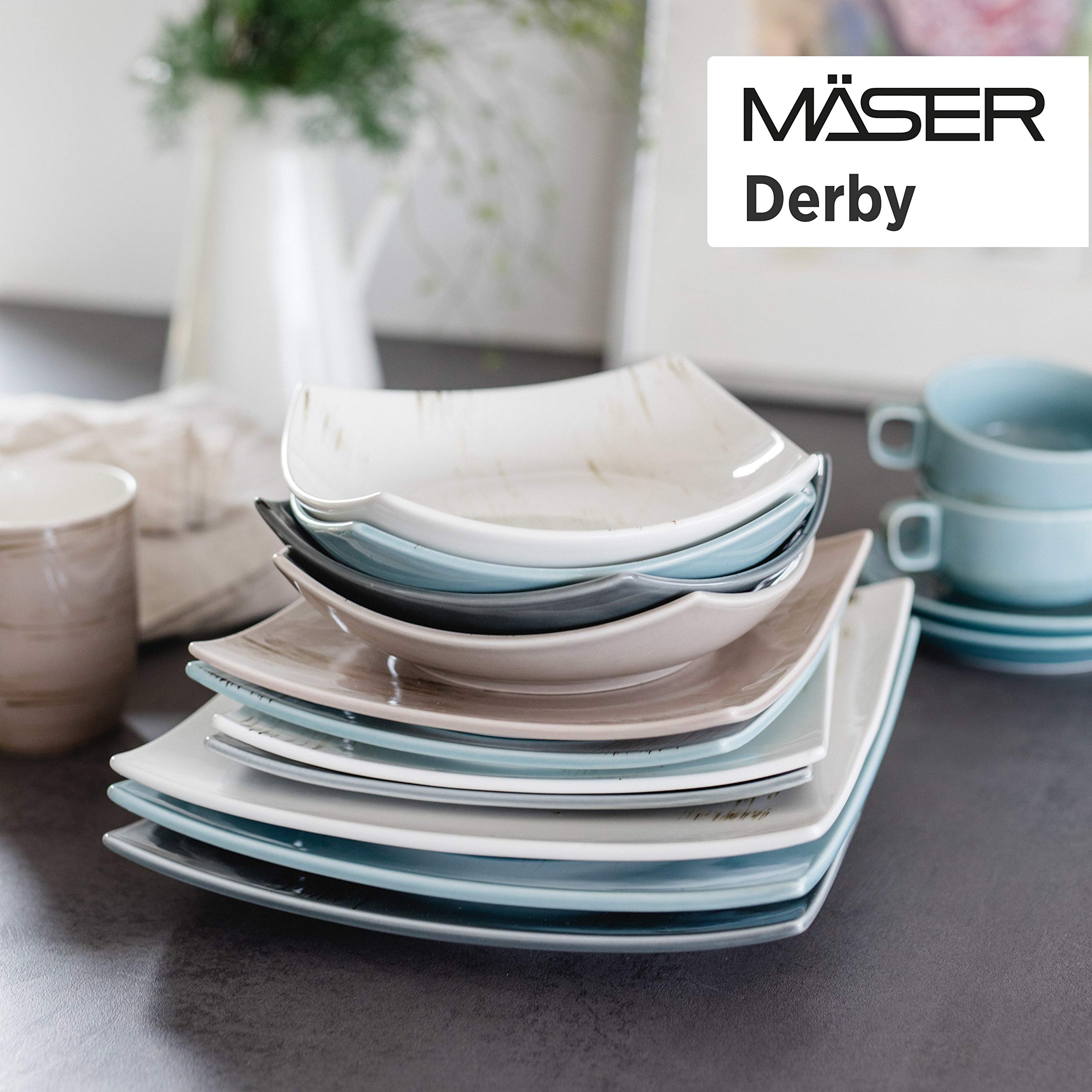 MÄSER 931448 Serie Derby, set di stoviglie premium con piatti quadrati per 4 persone in qualità gastronomica, servizio moderno combinato, 16 pezzi, colori pastello, porcellana durevole