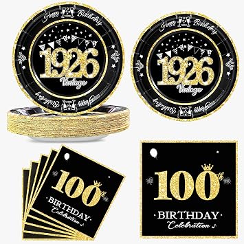 60 PCS Vintage 100th Birthday Plates and Napkins Set, 100th Birthday Decorations Black and Gold, Service for 30, 1926 Birthday Dessert Plates and Napkins Party Supplies for Men Women