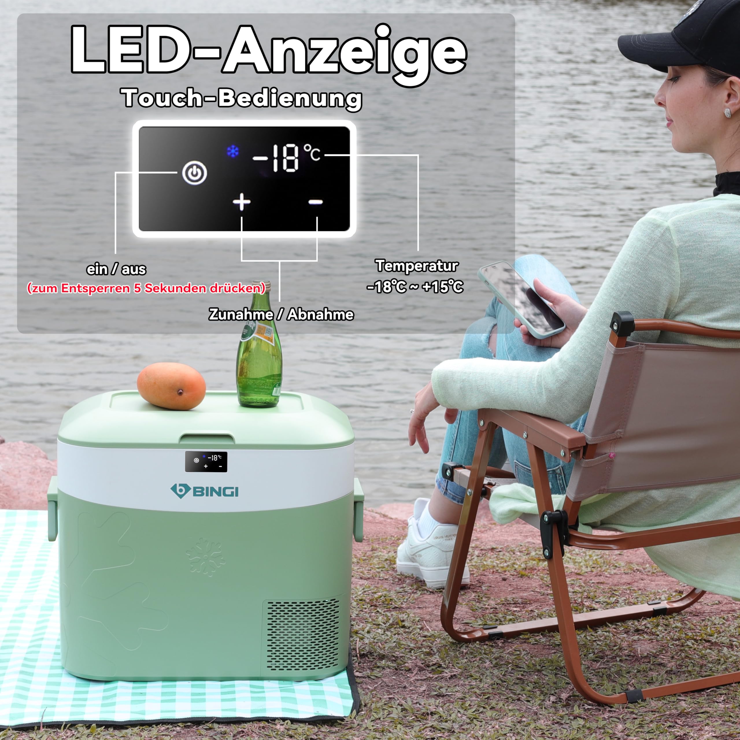 BINGI Kompressor Kühlbox 22 Liter 12/24V DC 230V AC Mini Gefrierschrank Auto Camping Wohnmobil
