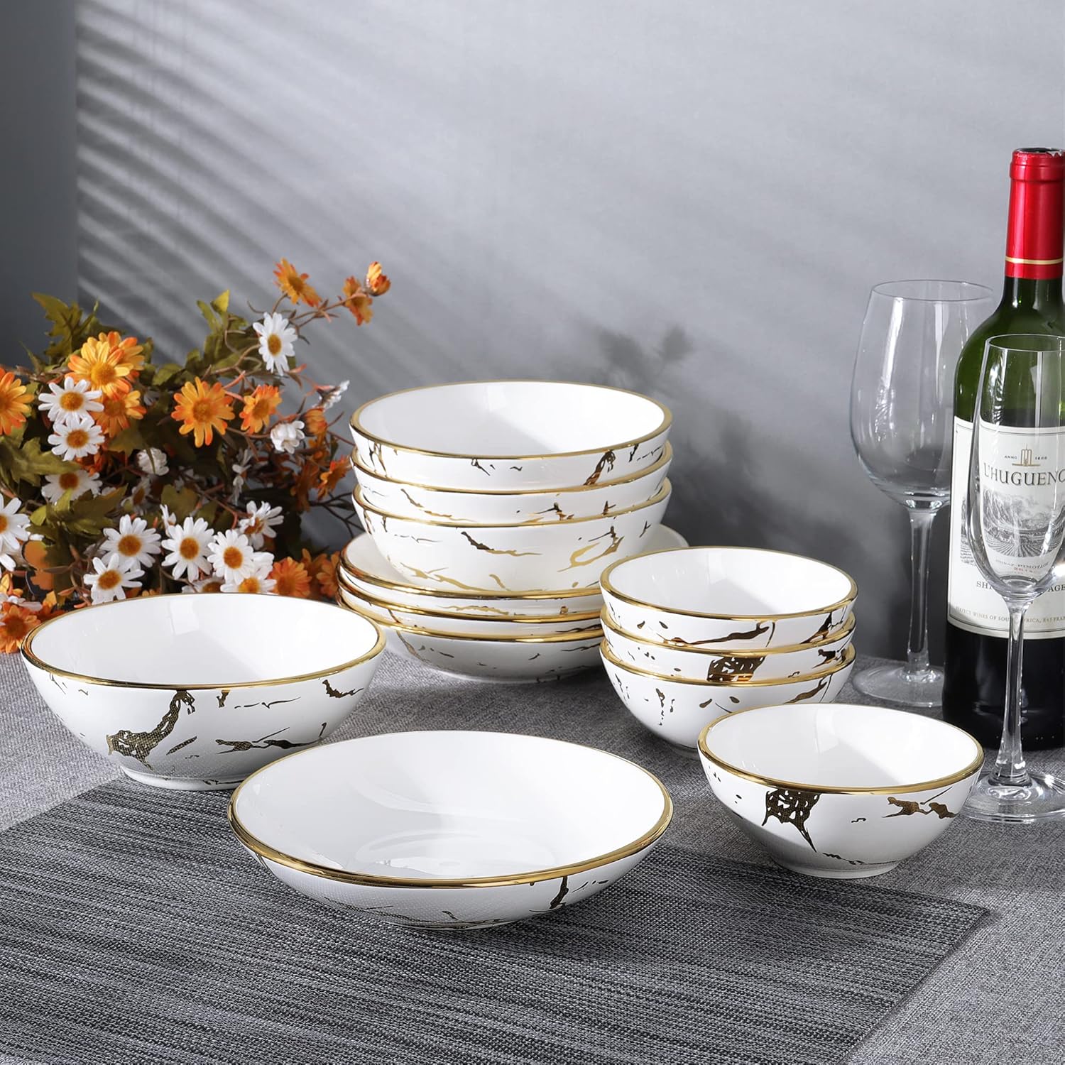 fanquare Gold Marble Crereal Bowls 24 oz, Porcelain Soup Bowls Set of 4, Pasta Bowl for Ramen, Salad, Dessert, 7 Inch