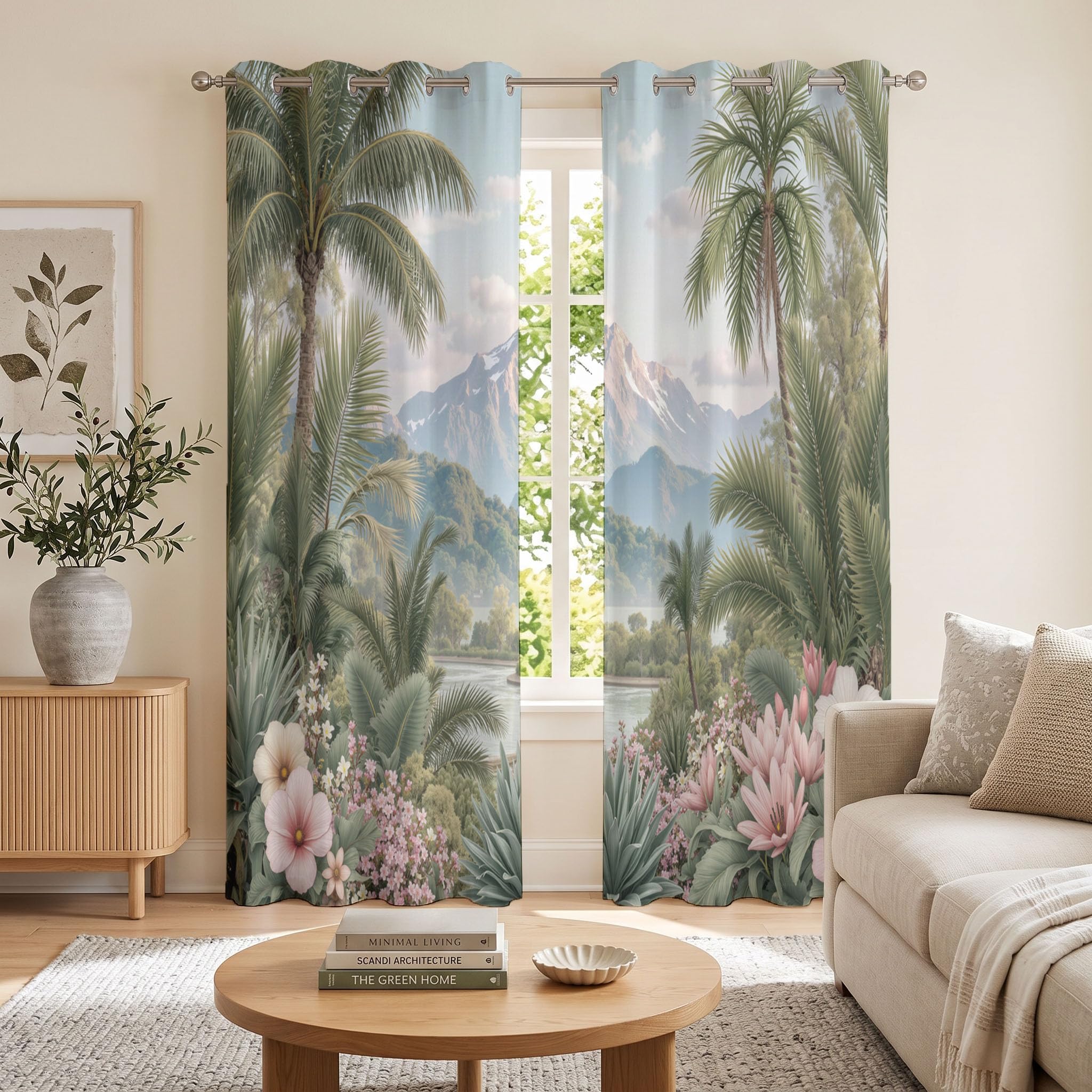 Dschungelpflanzen Verdunkelungsvorhänge Mit Ösen, Aquarell-Palme Vorhänge Blickdicht - H140 x B90 cm (2er Pack) Schlafzimmer Vorhänge Für Wohnzimmer, Salbeigrün