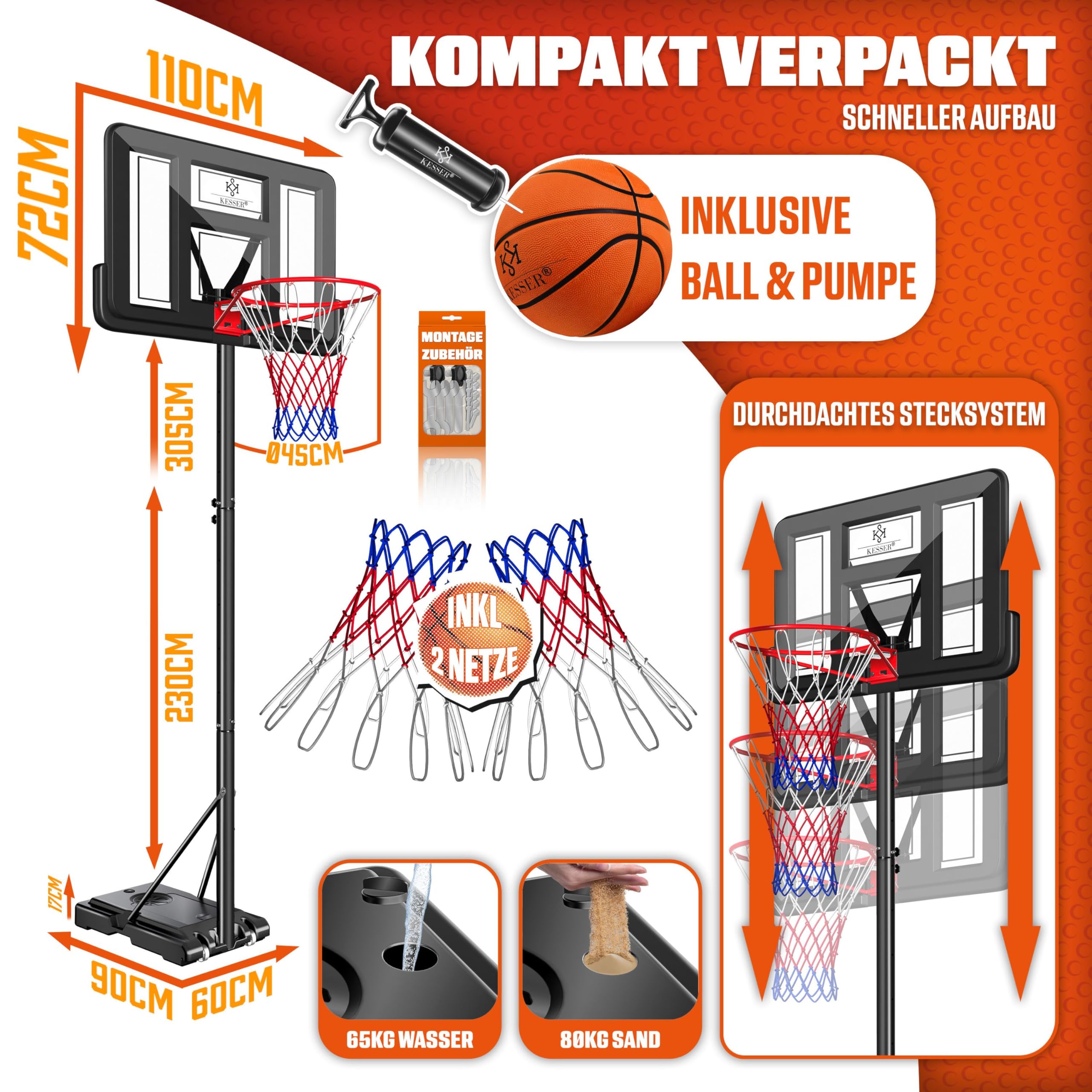 KESSER Basketballkorb Set höhenverstellbar mobiler Basketballständer mit Rollen Backboard Basketball Pumpe 2 Netzen Indoor Outdoor