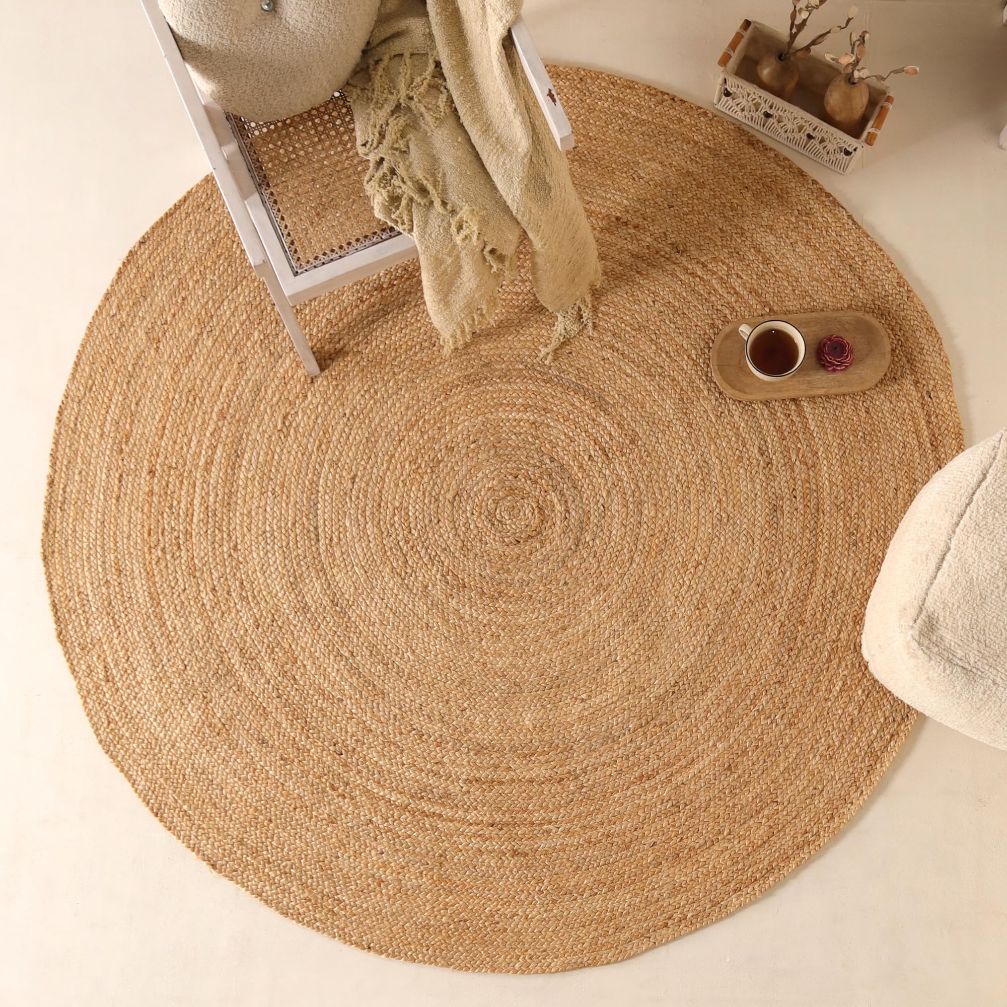 VEVARA HOMES Handwoven 6FT Round Natural Jute Area Rug Rustic Reversible Solid Farmhouse Rug for Bedroom Living Room Dining Room and Office